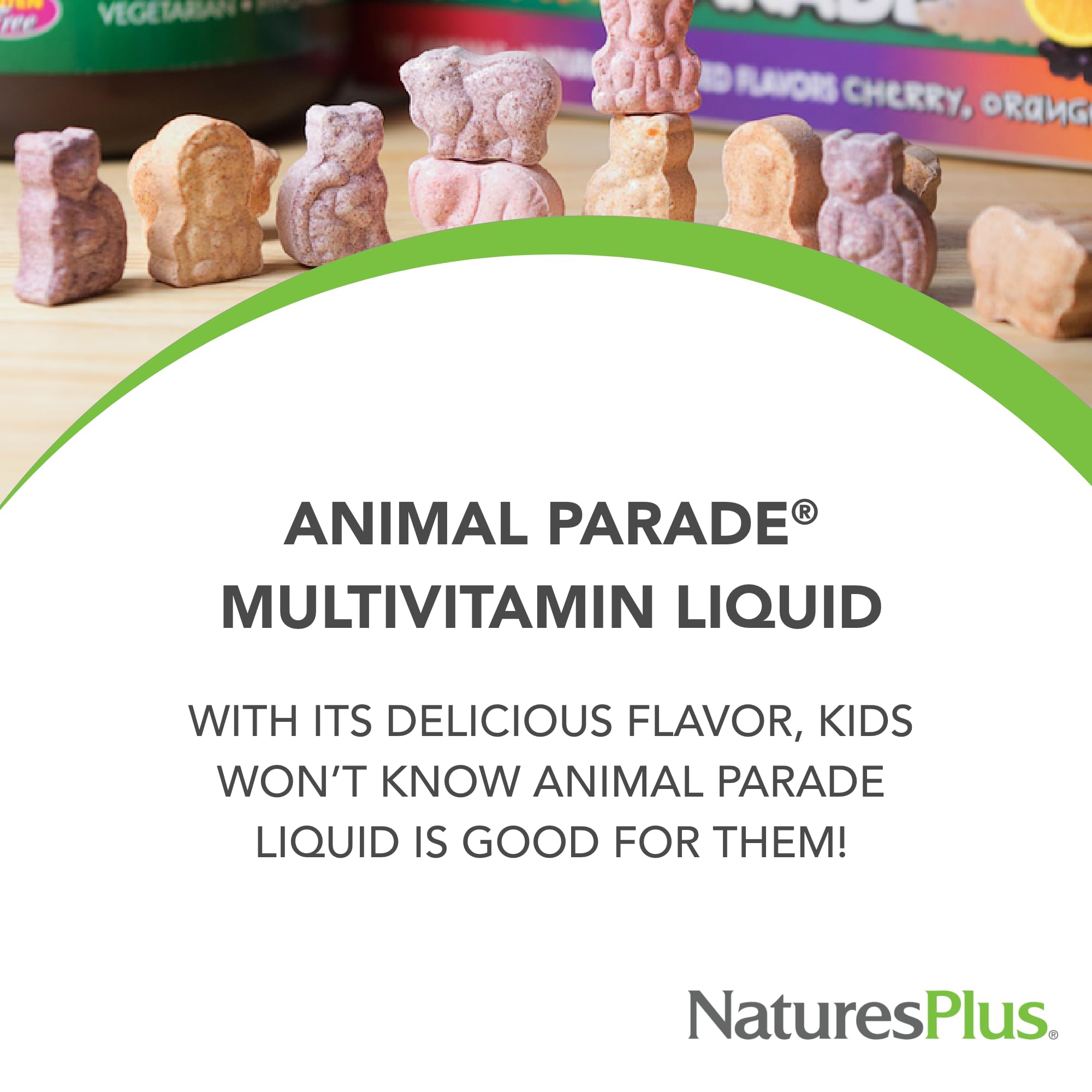 NaturesPlus Animal Parade dosing spoon helps caregivers measure servings accurately.