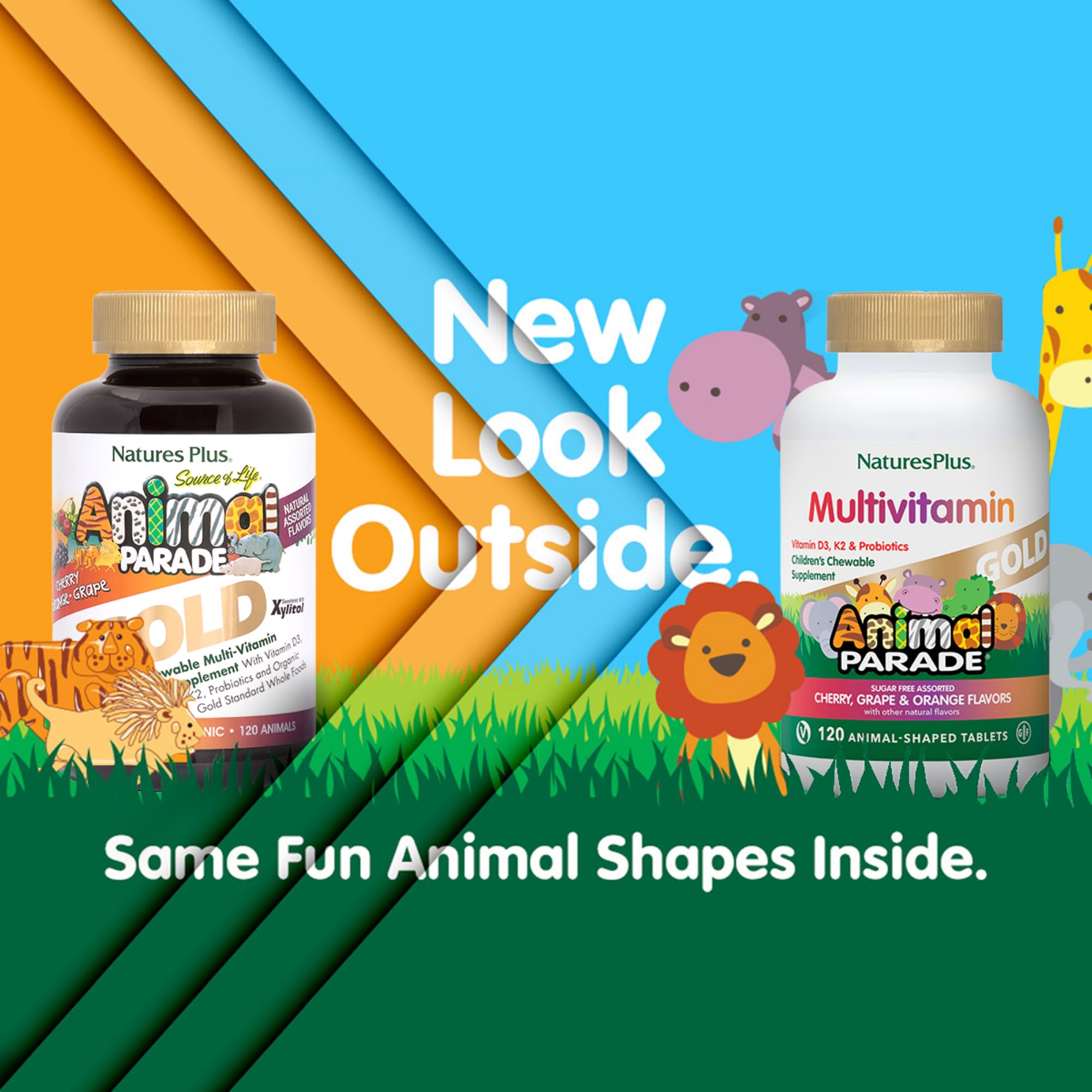 NaturesPlus Animal Parade Gold animal-shaped chewables add fun to daily vitamins.