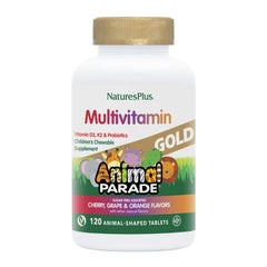 NaturesPlus Animal Parade Gold bottle highlights kid-friendly nutrition for daily use.