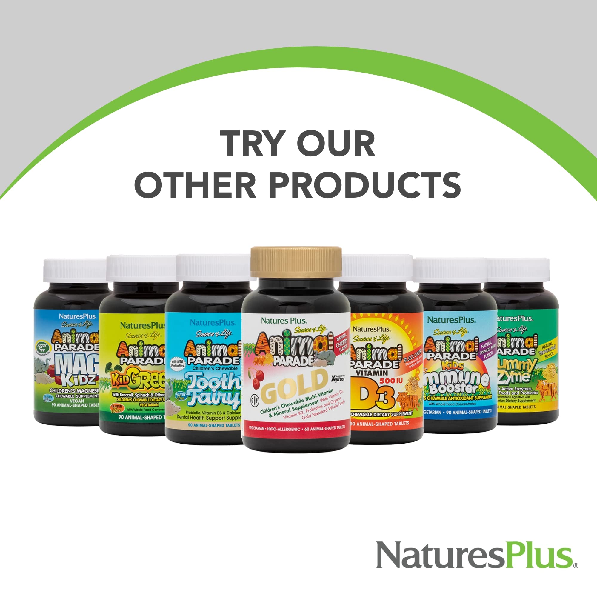 NaturesPlus Animal Parade Gold bottle on shelf for easy access.