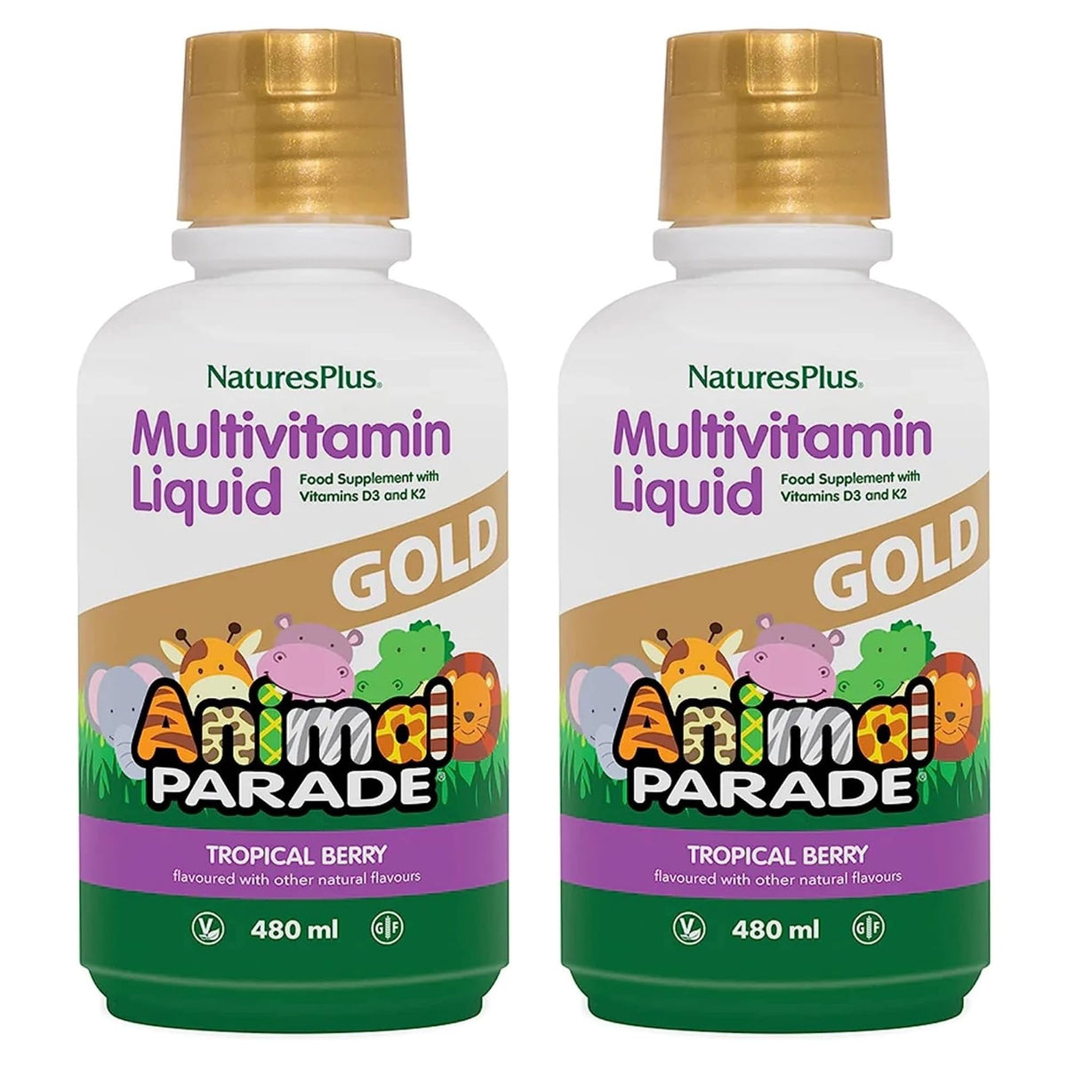 NaturesPlus Animal Parade Gold bottle showing kid-friendly liquid multivitamin for daily nutrition