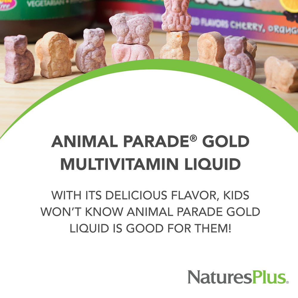 NaturesPlus Animal Parade Gold label highlighting gluten-free and vegan formula