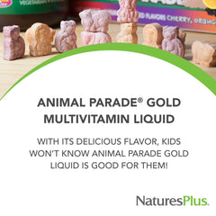 NaturesPlus Animal Parade Gold label highlighting gluten-free and vegan formula