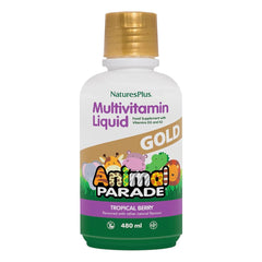 NaturesPlus Animal Parade Gold liquid bottle front shows tropical berry flavor for daily immune support.