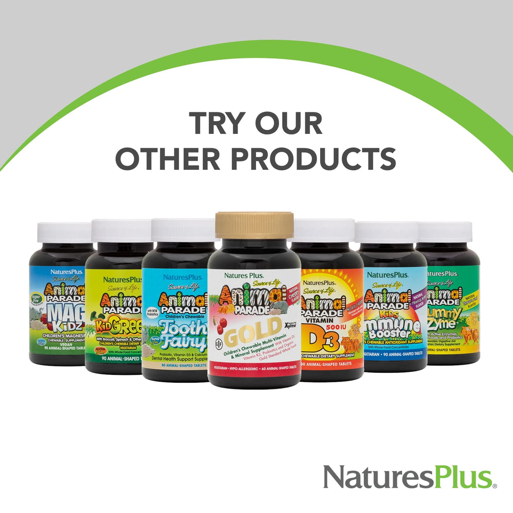 NaturesPlus Animal Parade Gold shows gluten-free vegan badge for dietary suitability.