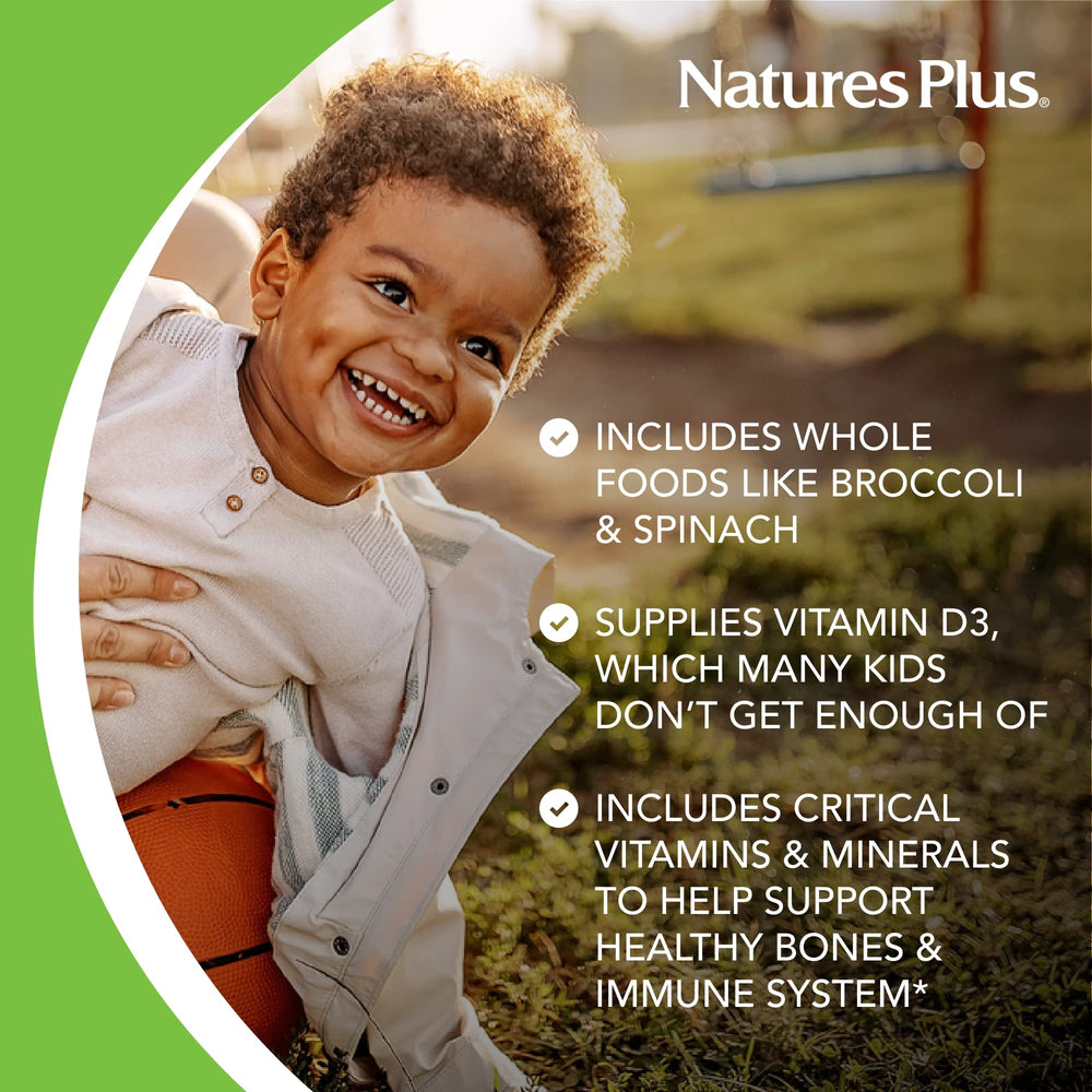 NaturesPlus Animal Parade grape-flavored chewables make daily use kid-friendly.