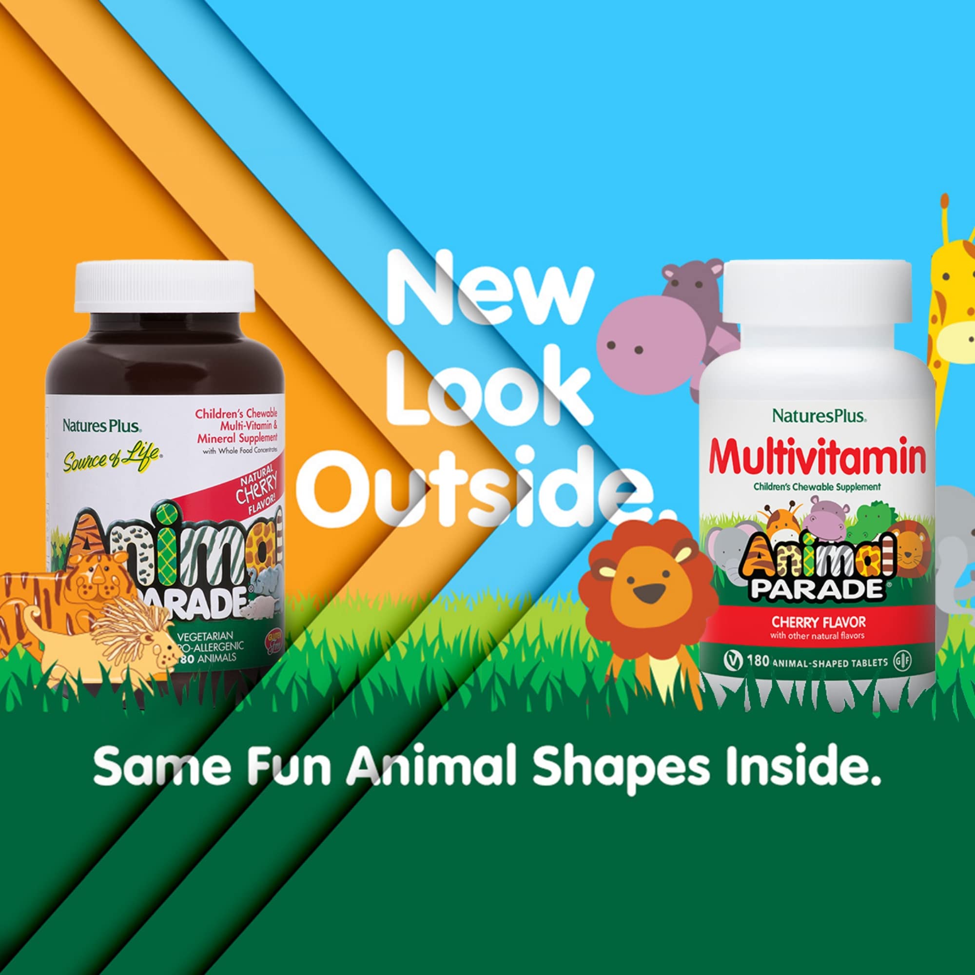 NaturesPlus Animal Parade cherry chewables close-up of animal-shaped tablets