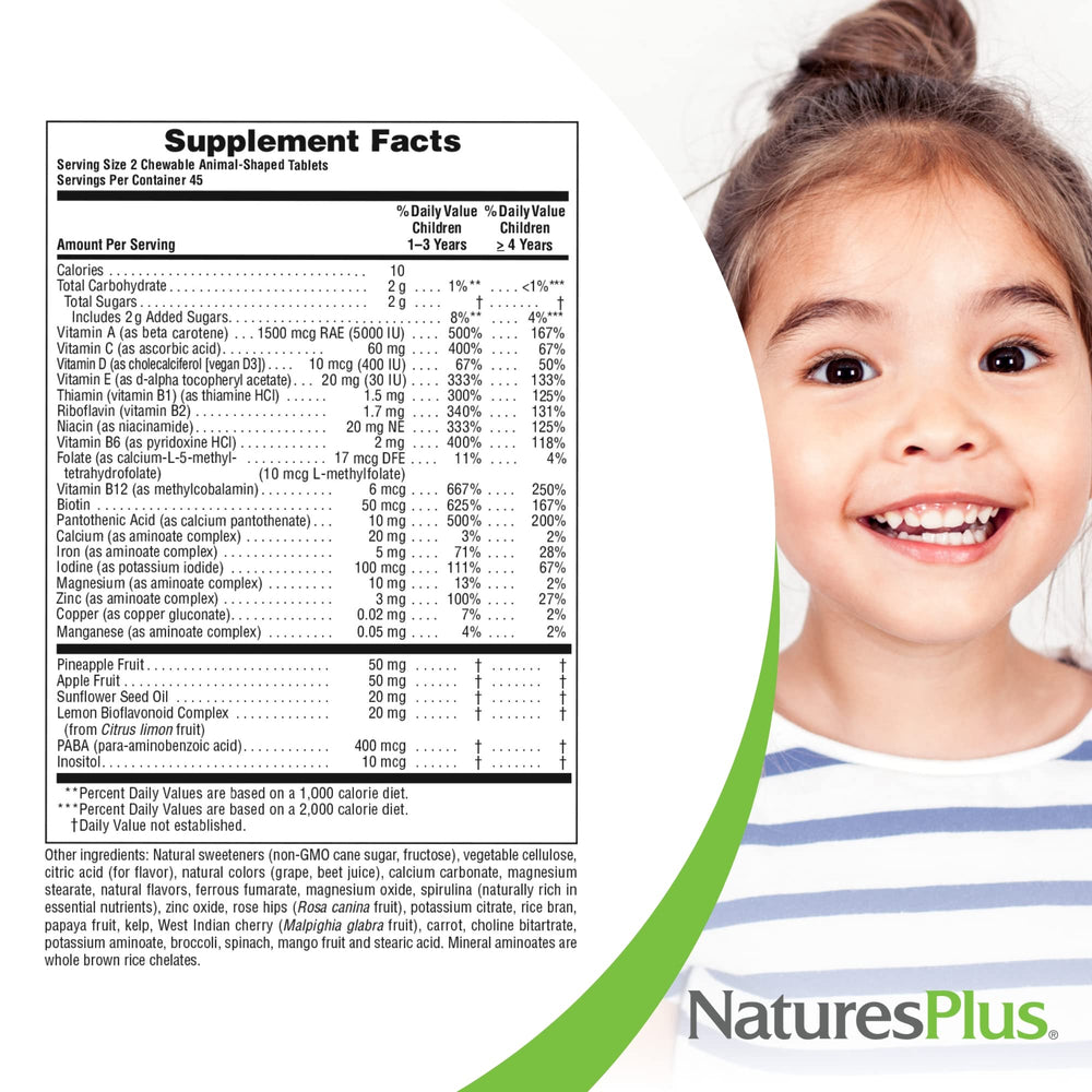 NaturesPlus Animal Parade nutrition label shows 16 vitamins and 8 minerals.