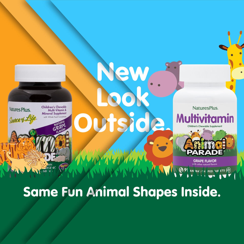 NaturesPlus Animal Parade packaging showcases gluten-free, vegan formulation.
