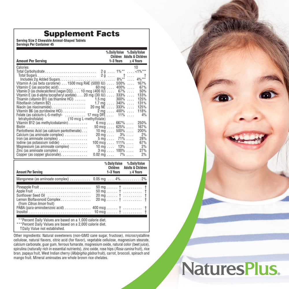 NaturesPlus Animal Parade ingredients spotlight featuring spirulina and vegetables for balanced nutrition.