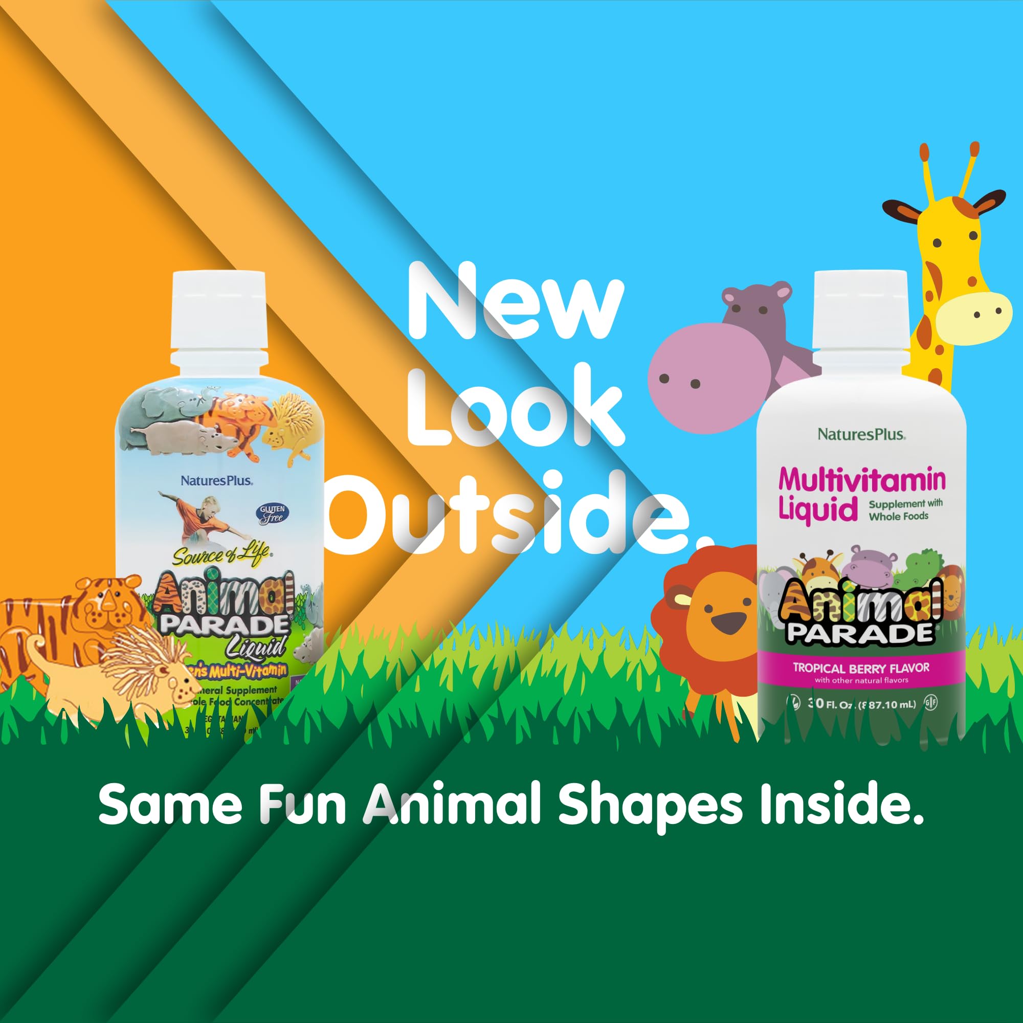 NaturesPlus Animal Parade tropical berry pour shows easy dosing for busy families.