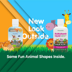 NaturesPlus Animal Parade tropical berry pour shows easy dosing for busy families.