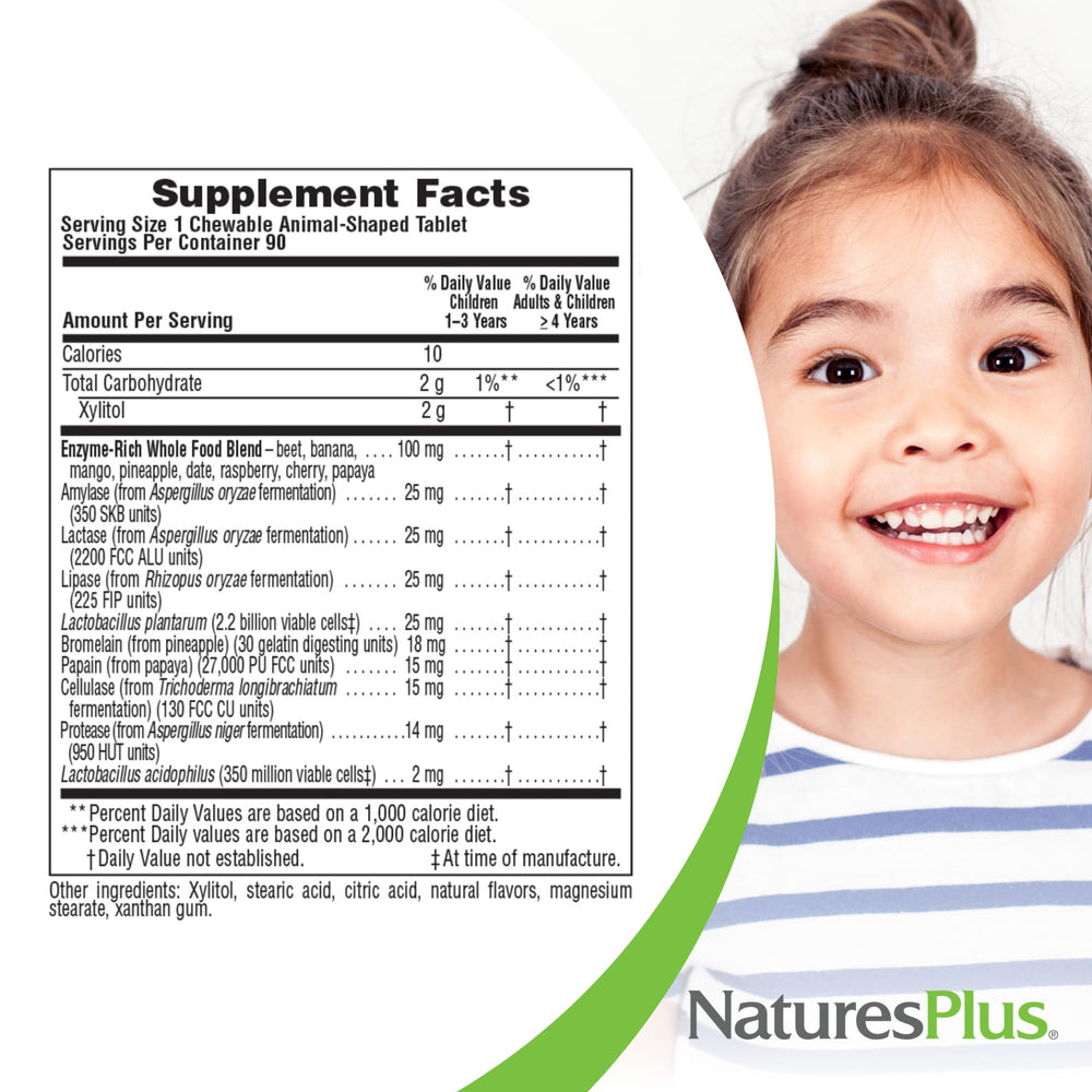 NaturesPlus Animal Parade Tummy Zyme is gluten-free and vegetarian for families.