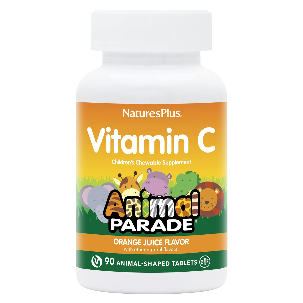 NaturesPlus Animal Parade vitamin C chews in orange flavor for kids' daily support.