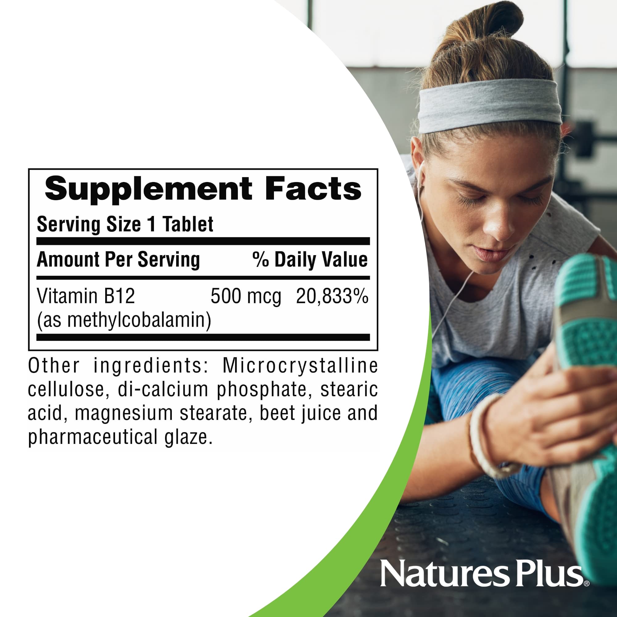 Tablets neatly arranged inside NaturesPlus B12 bottle