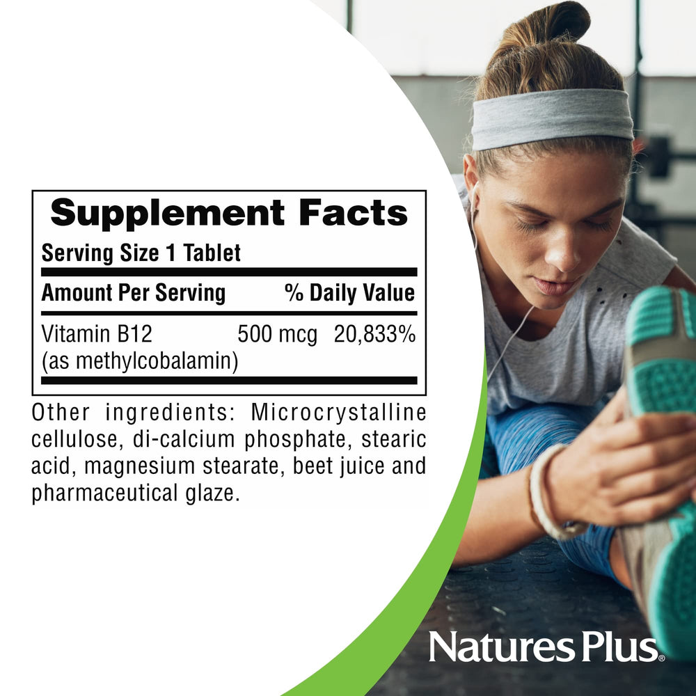Tablets neatly arranged inside NaturesPlus B12 bottle
