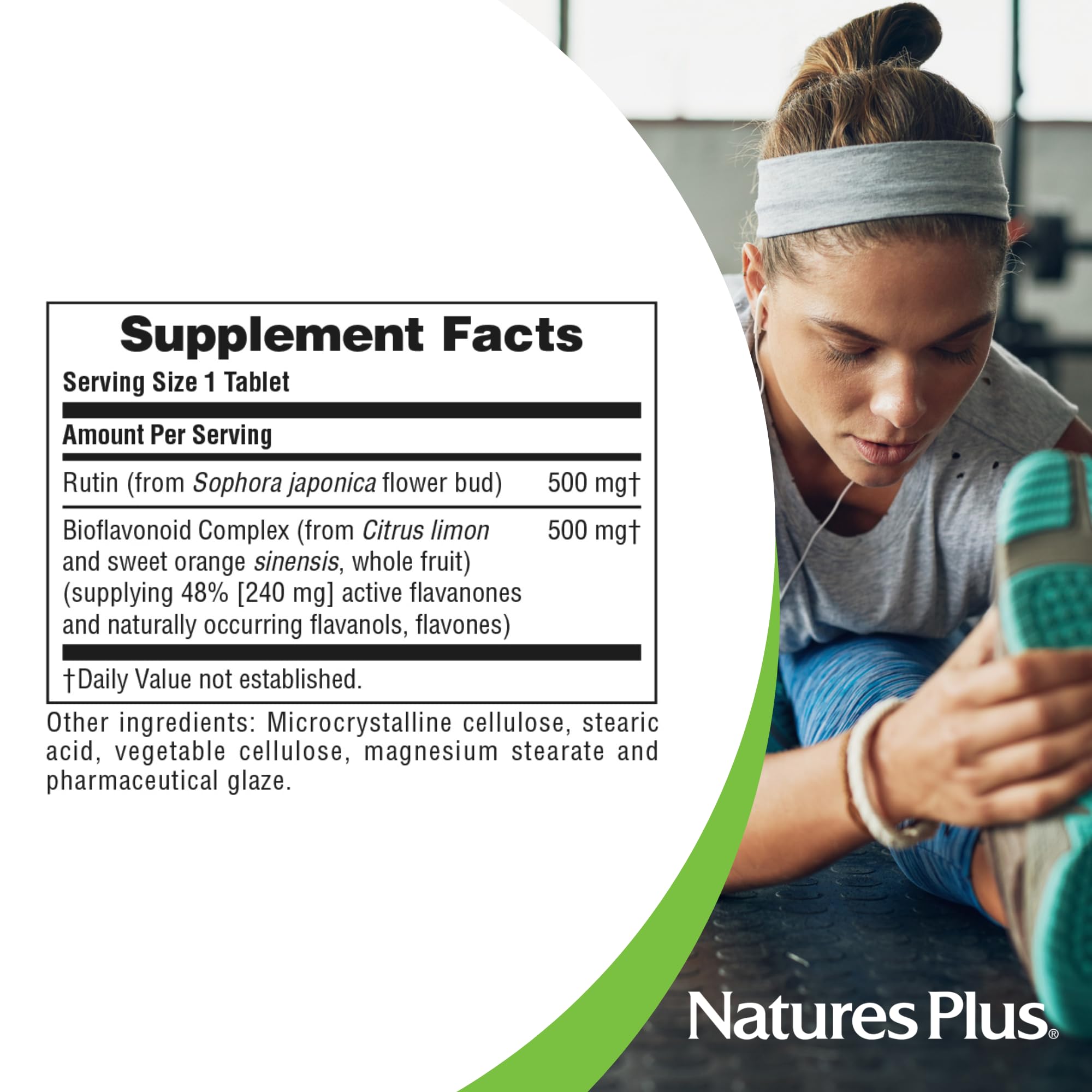 NaturesPlus Biorutin tablets in hand, showcasing convenient daily supplement.