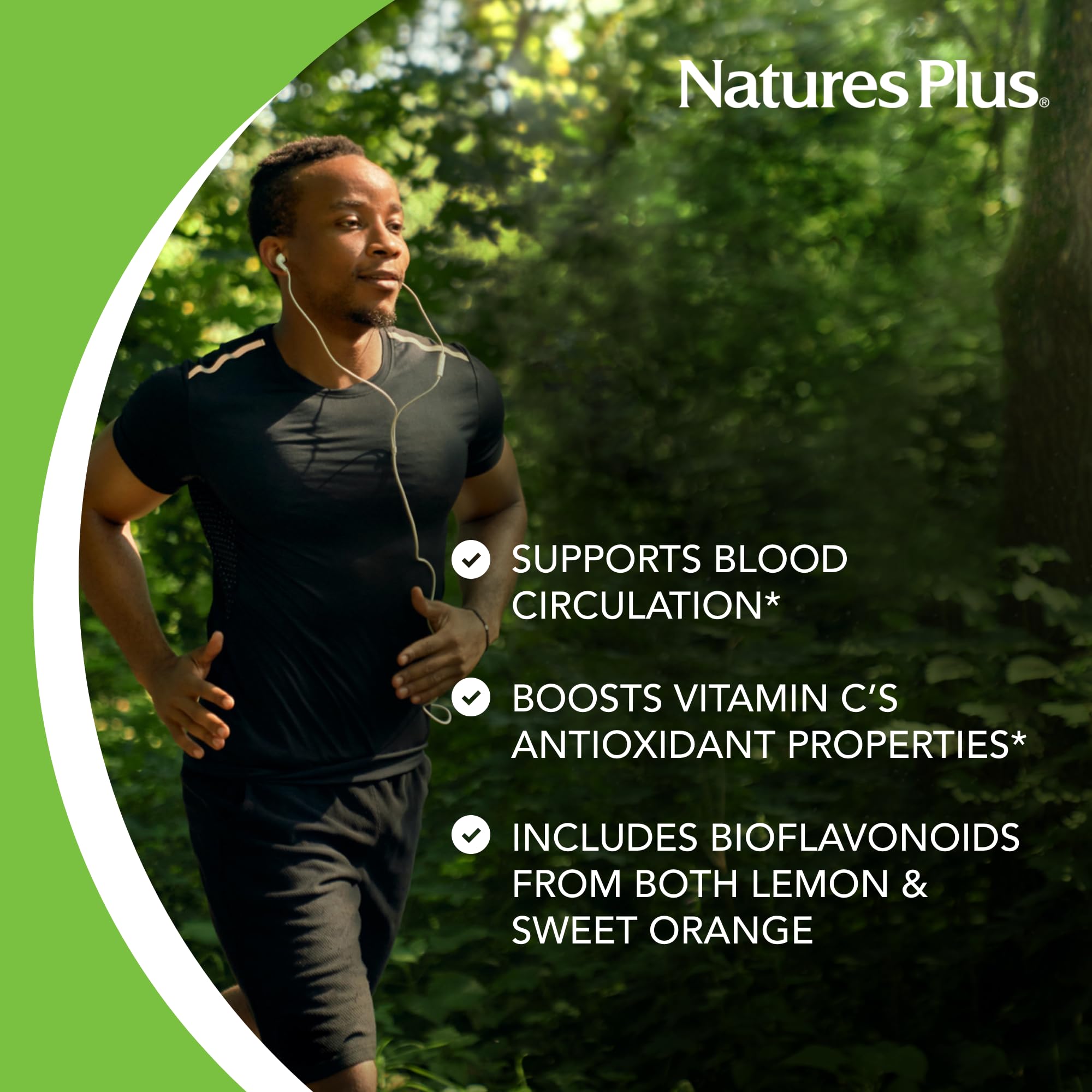 NaturesPlus Biorutin icons indicate vegetarian and gluten-free formulation.