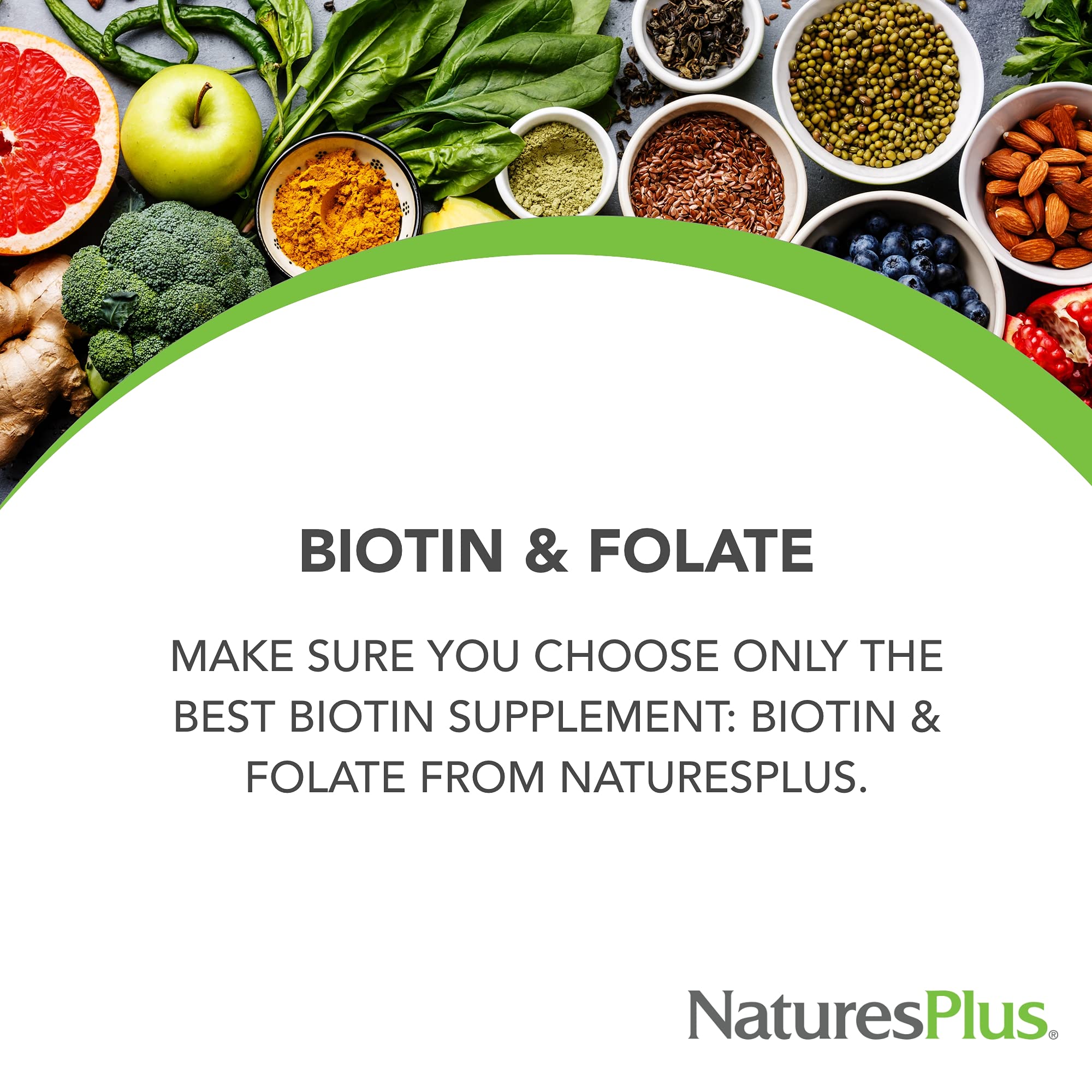 Front label of NaturesPlus Biotin and Folic Acid showing gluten free and vegetarian