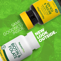 Close up of NaturesPlus Biotin and Folic Acid tablets with smooth coating