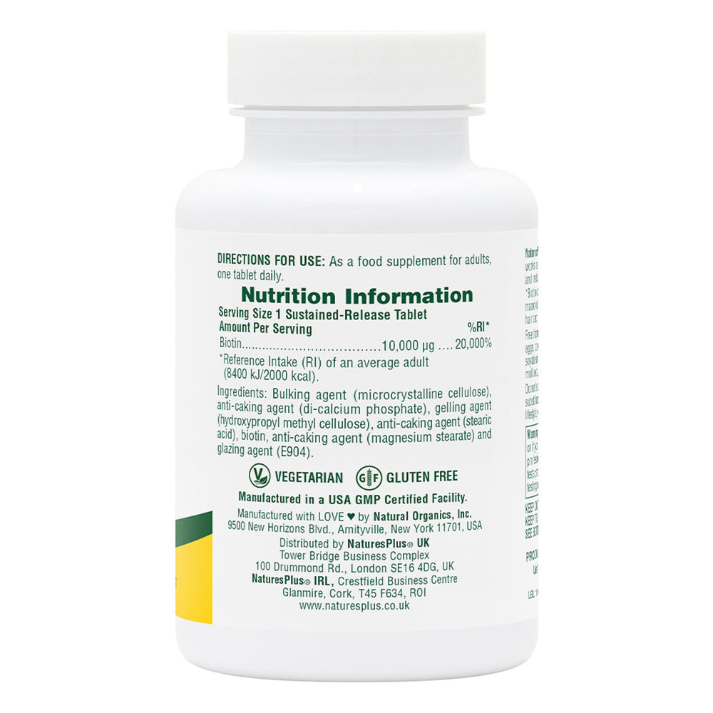 NaturesPlus Biotin label close-up highlighting vegetarian gluten-free formulation.