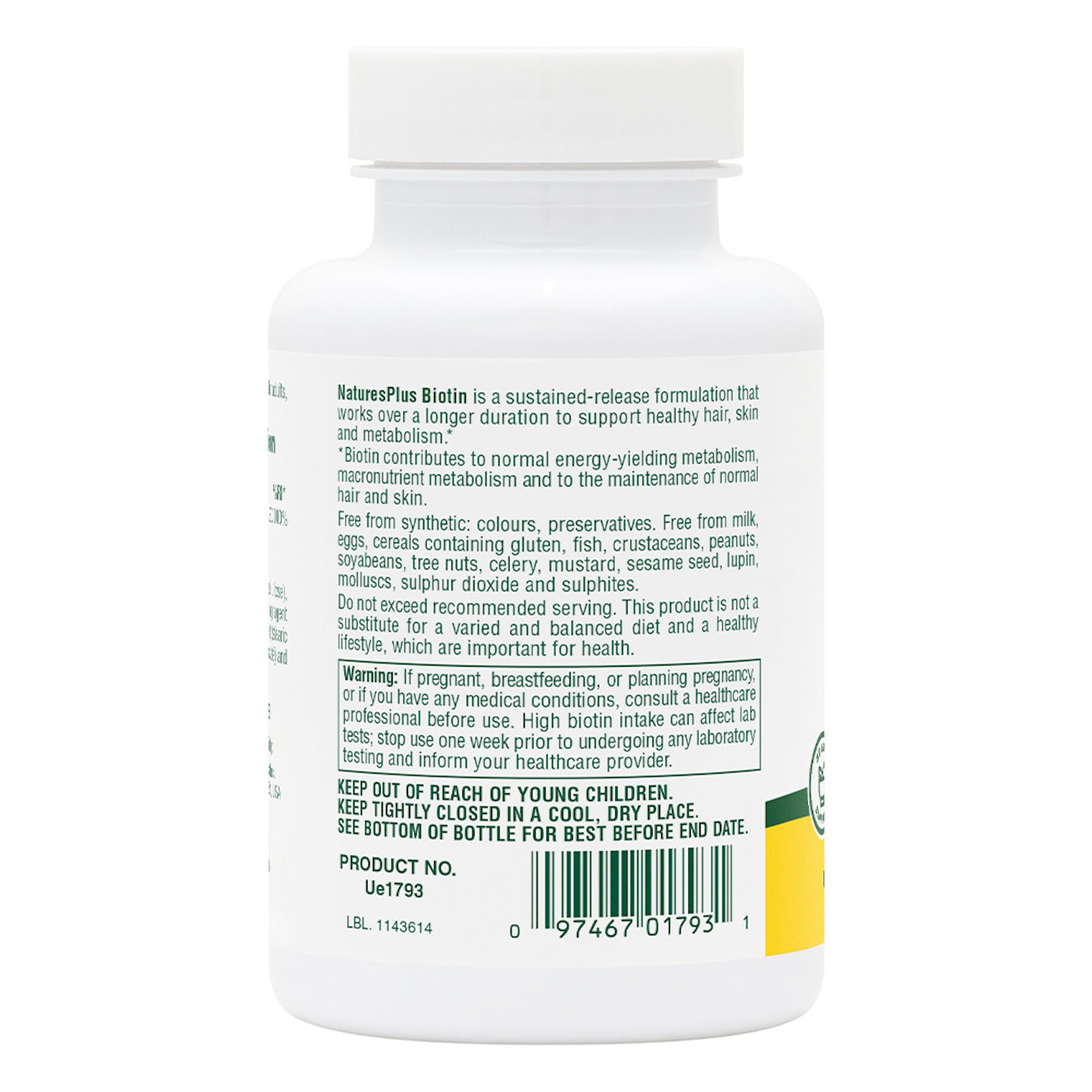 NaturesPlus Biotin vegetarian gluten-free icon on label.
