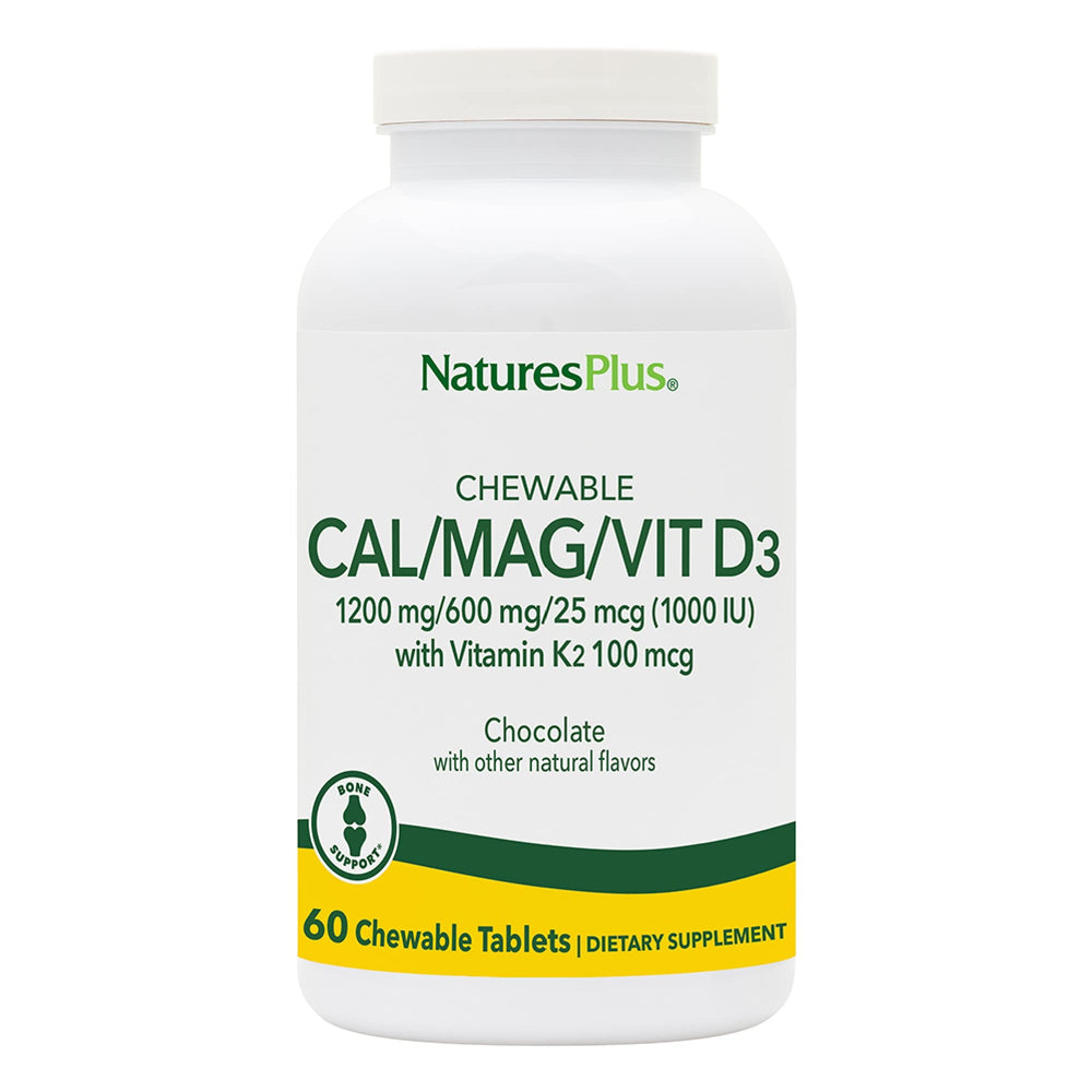 NaturesPlus Cal/Mag/Vit D3 with K2 chewables bottle-front showing chocolate flavor and bone support