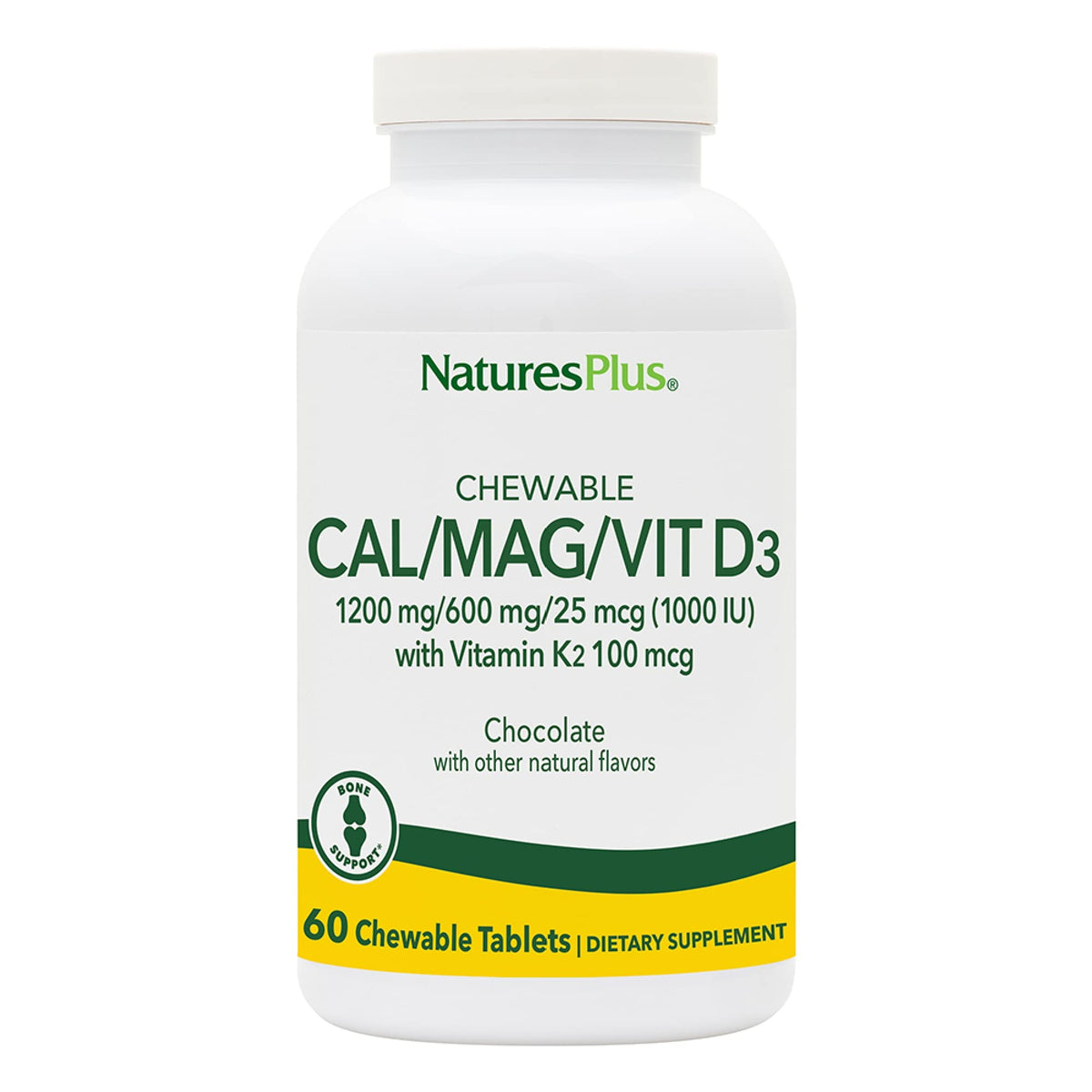 NaturesPlus Cal/Mag/Vit D3 with K2 chewables bottle-front showing chocolate flavor and bone support
