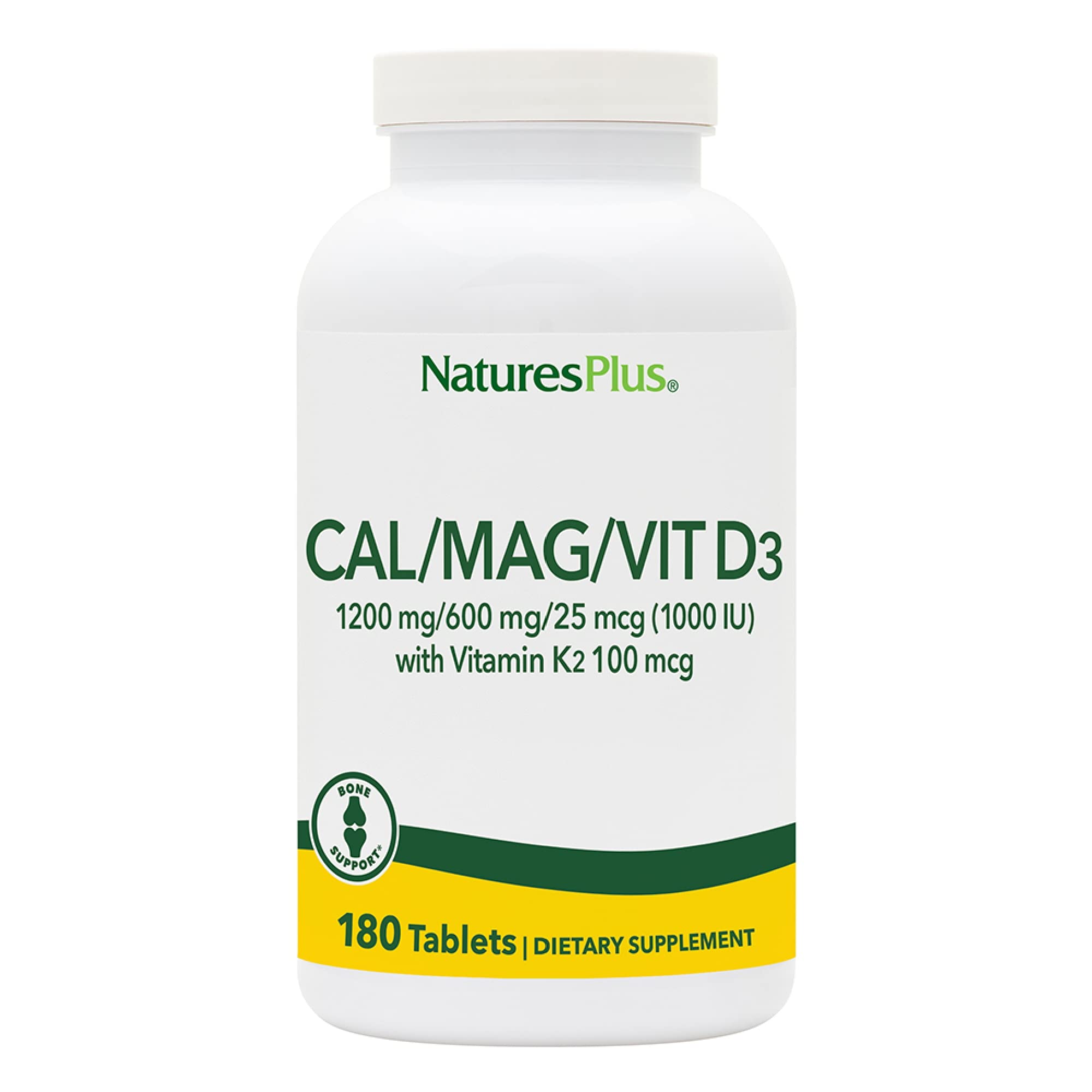 NaturesPlus Cal-Mag-D3-K2 bottle front showing bone support formulation.