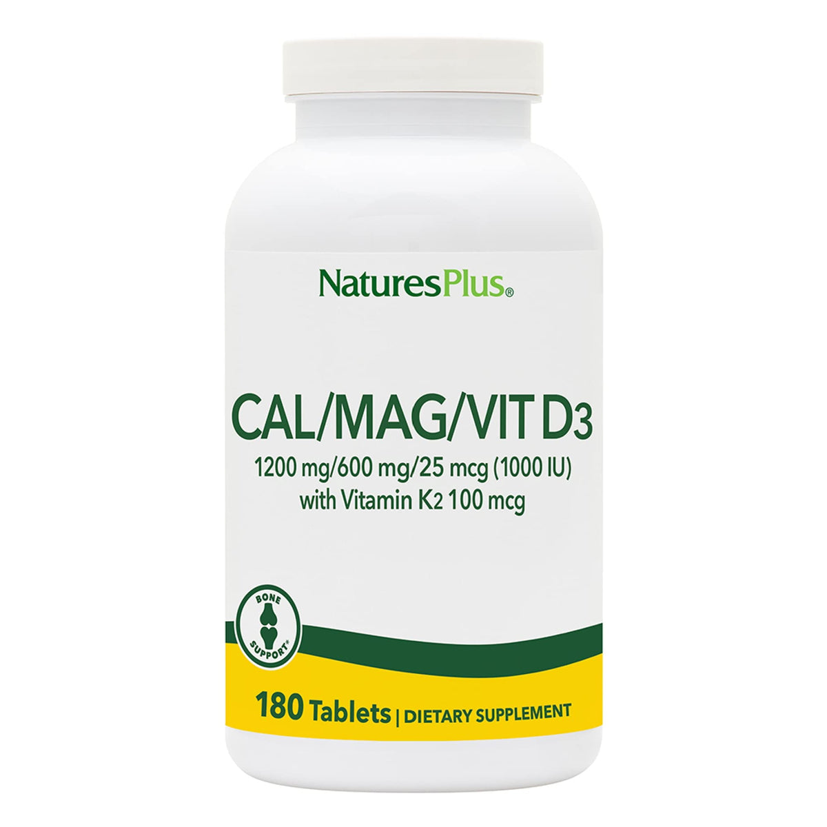 NaturesPlus Cal-Mag-D3-K2 bottle front showing bone support formulation.