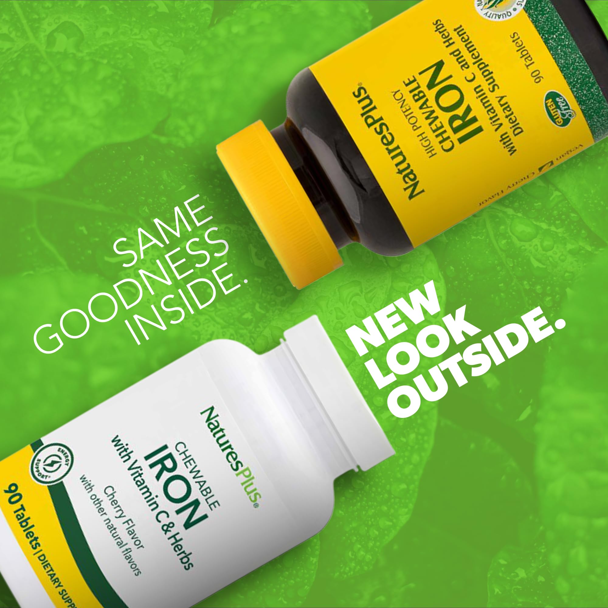 NaturesPlus chewable iron tablets show a convenient 27 mg dose for on-the-go use.