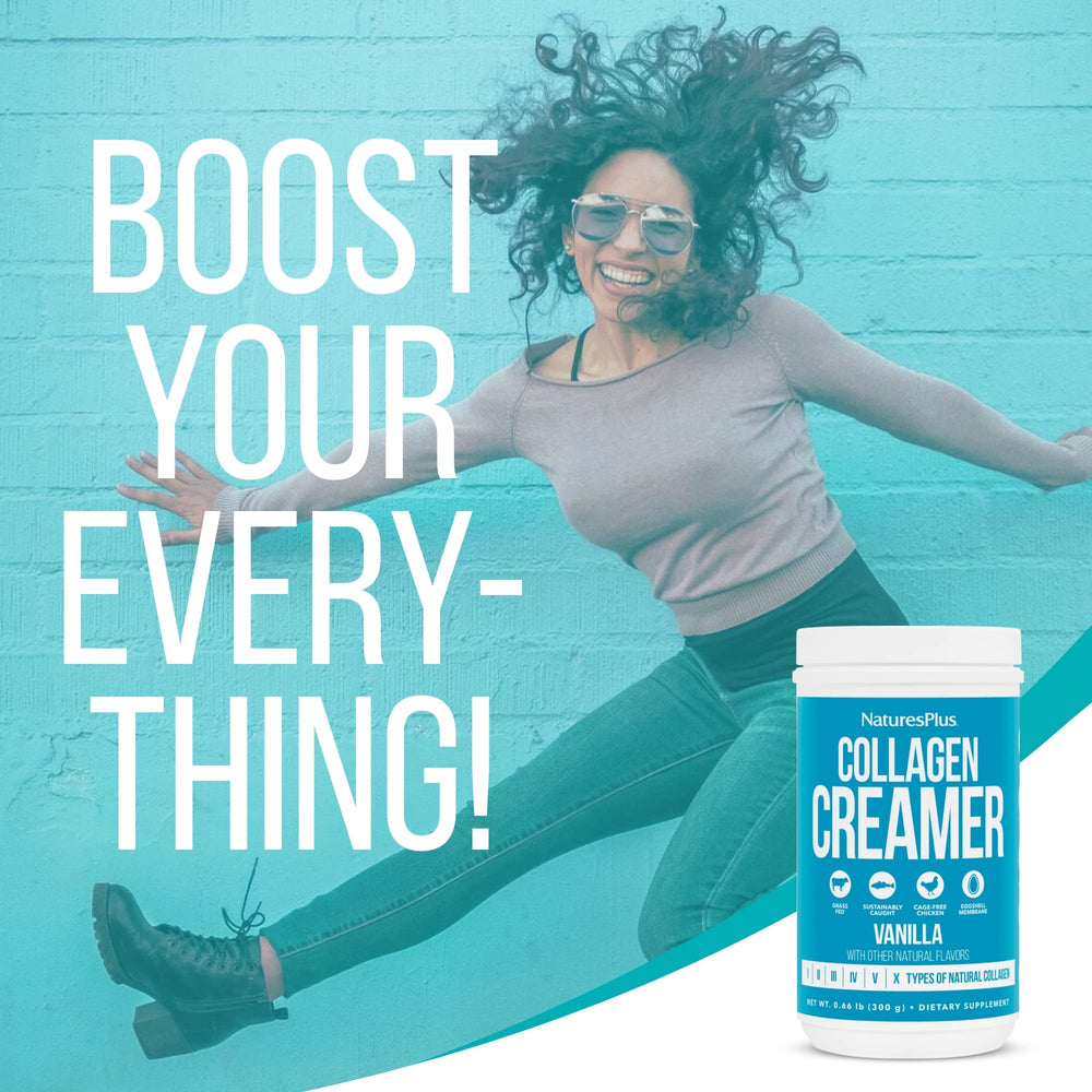 Nature'sPlus Collagen Creamer Vanilla ingredients panel highlighting sustainable sources.