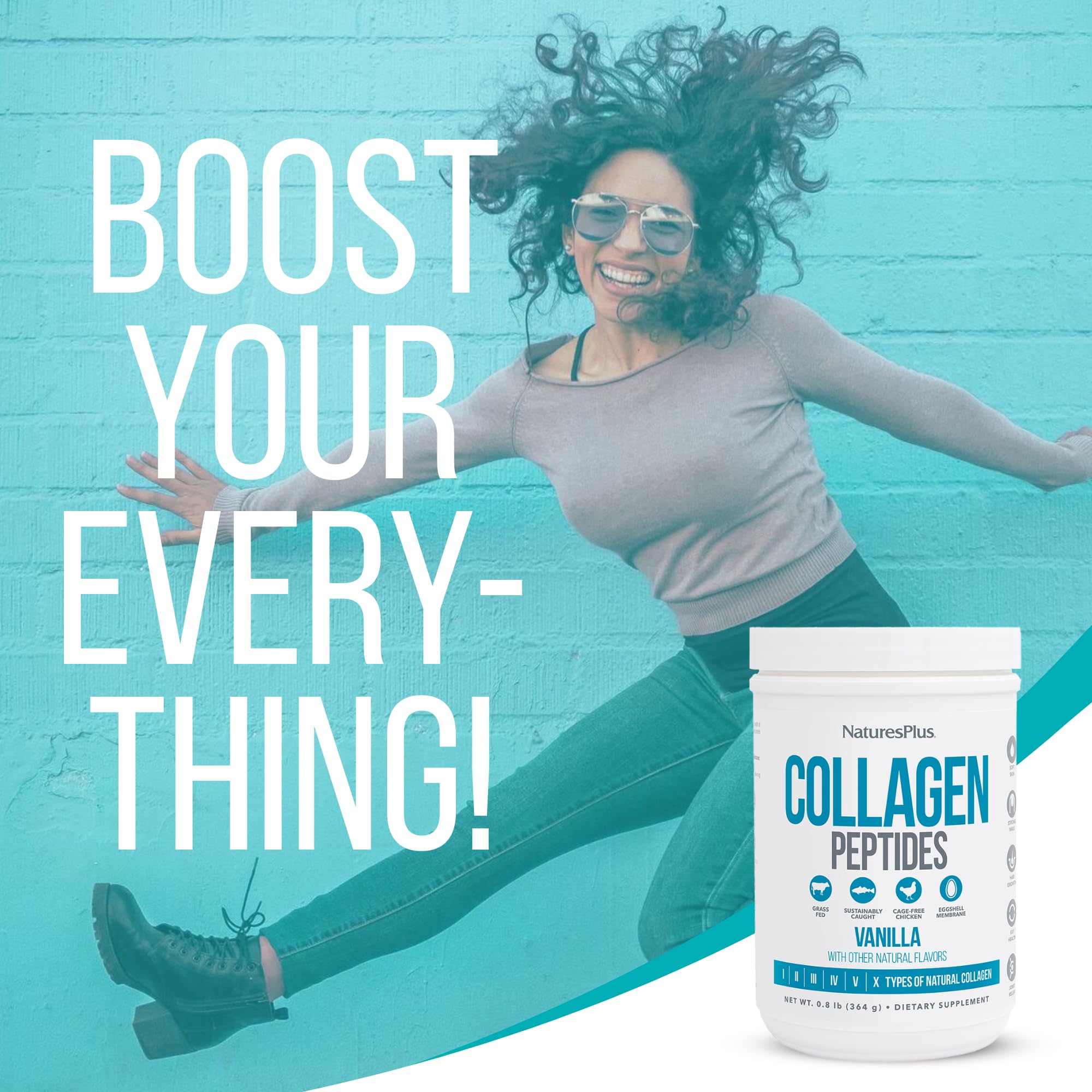 NaturesPlus Collagen Peptides Vanilla ingredients panel notes six collagen types.