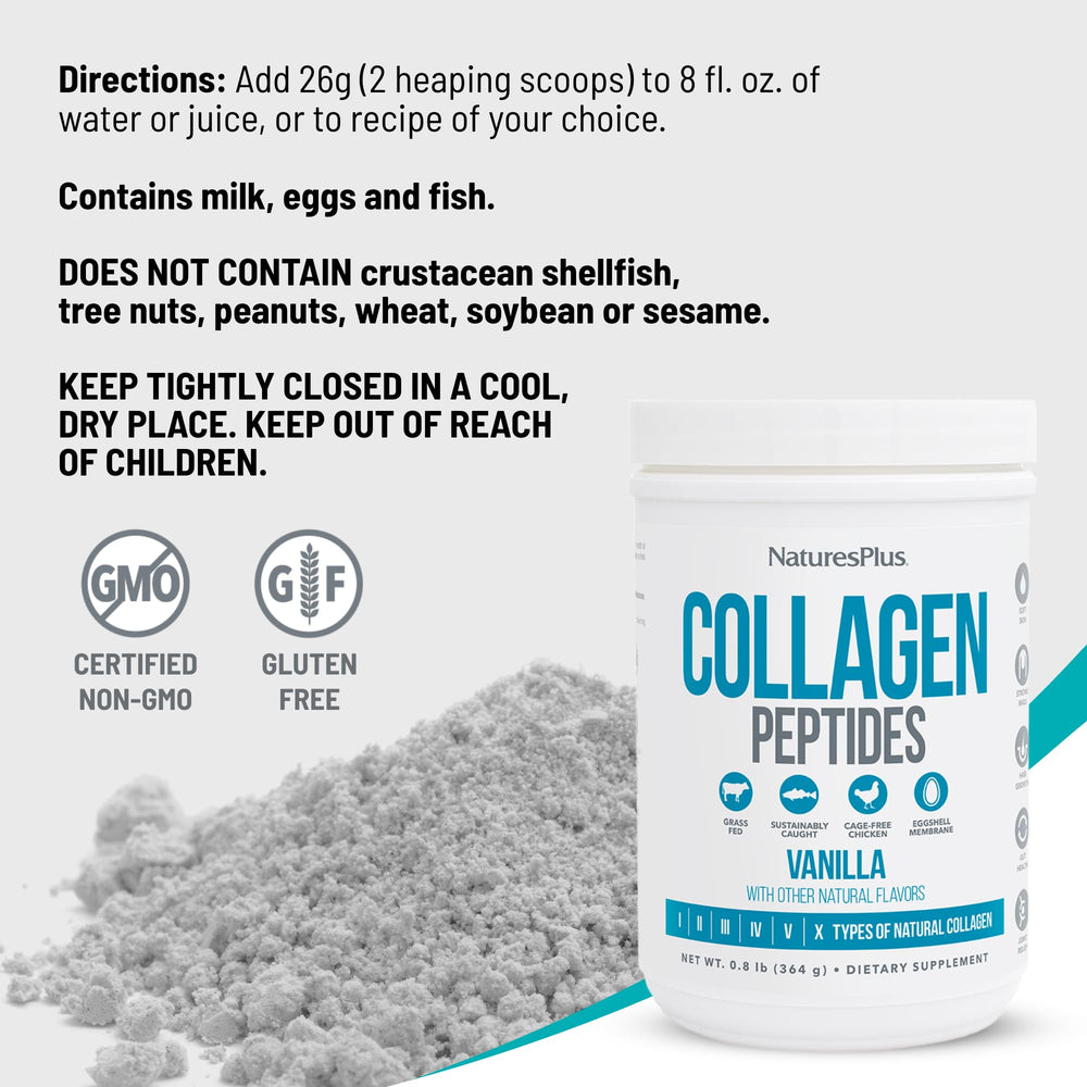 NaturesPlus Collagen Peptides Vanilla label highlights clean, non-GMO ingredients.
