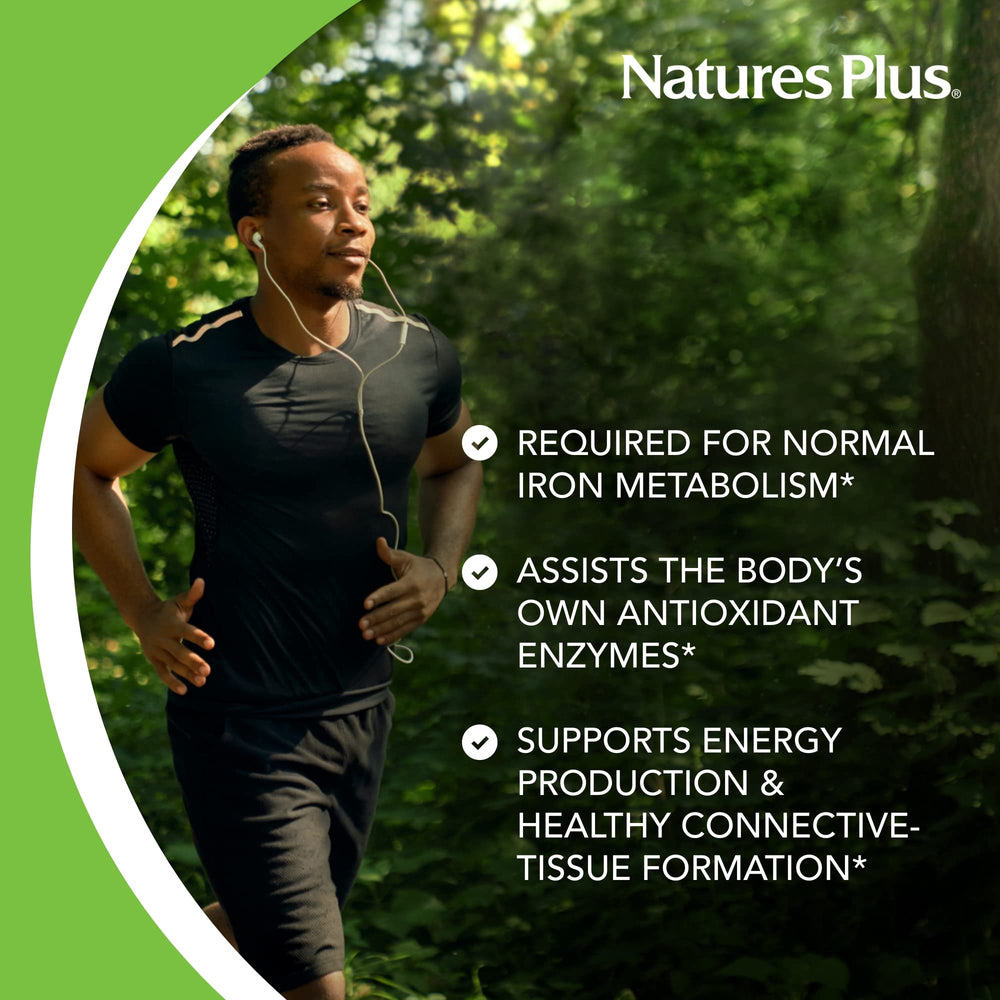 NaturesPlus Copper 3 mg ingredients panel highlights mineral for connective tissue support.