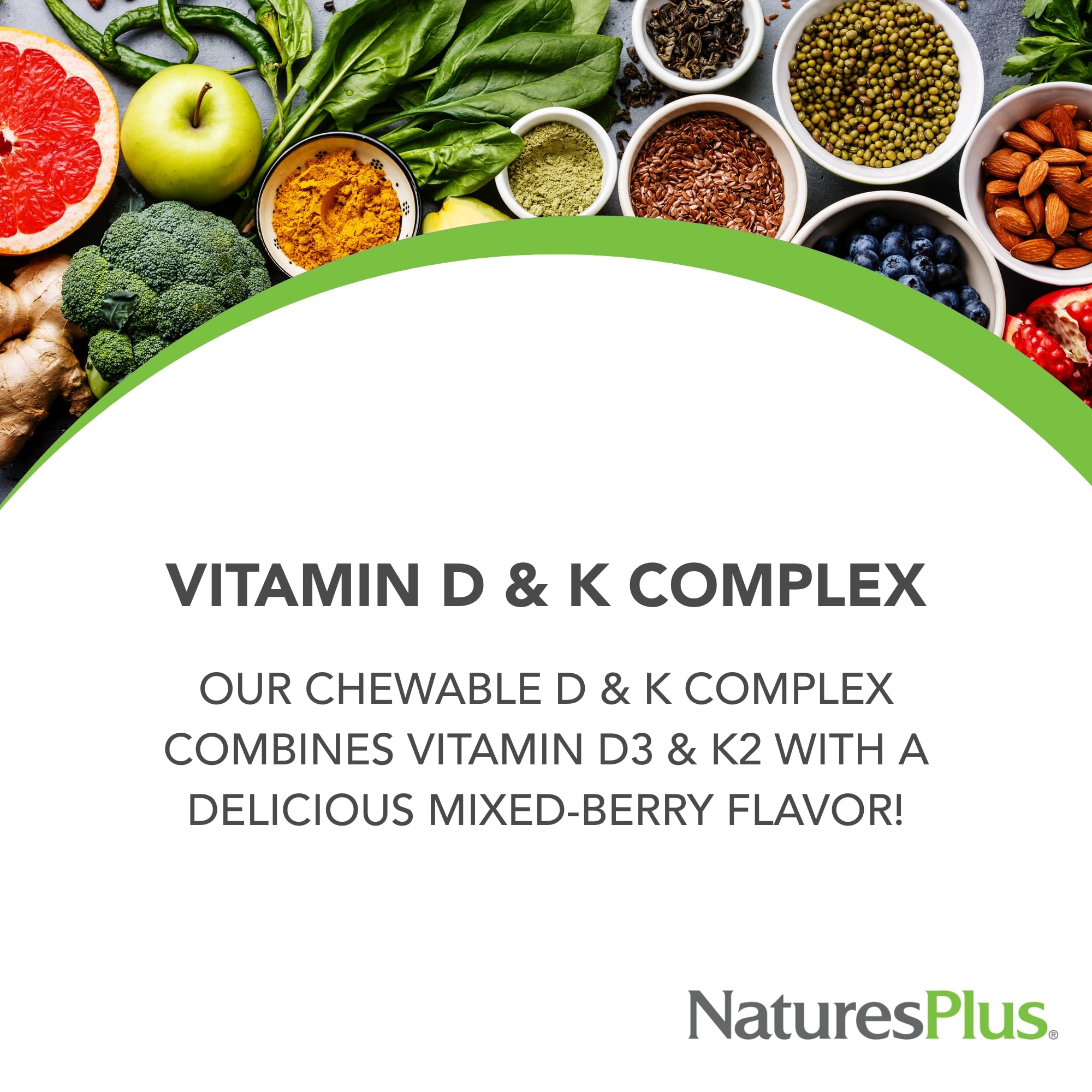 NaturesPlus D-K Complex chewables pack with mixed berry flavor for daily use.