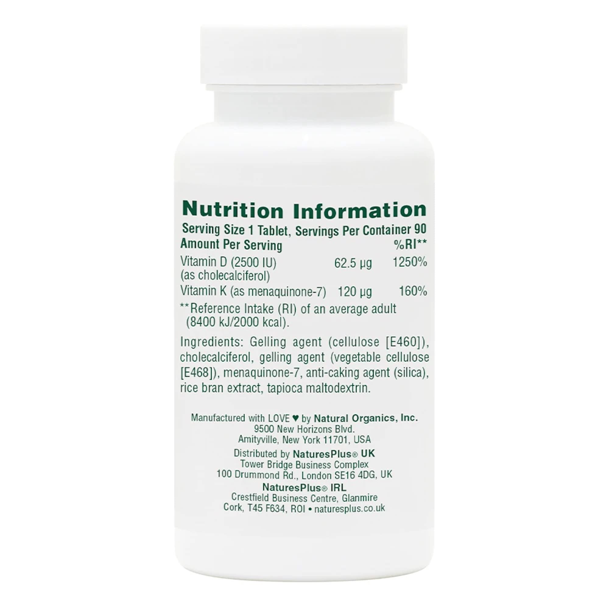 NaturesPlus D3 K2-90 tablets bottle back view with supplement facts.