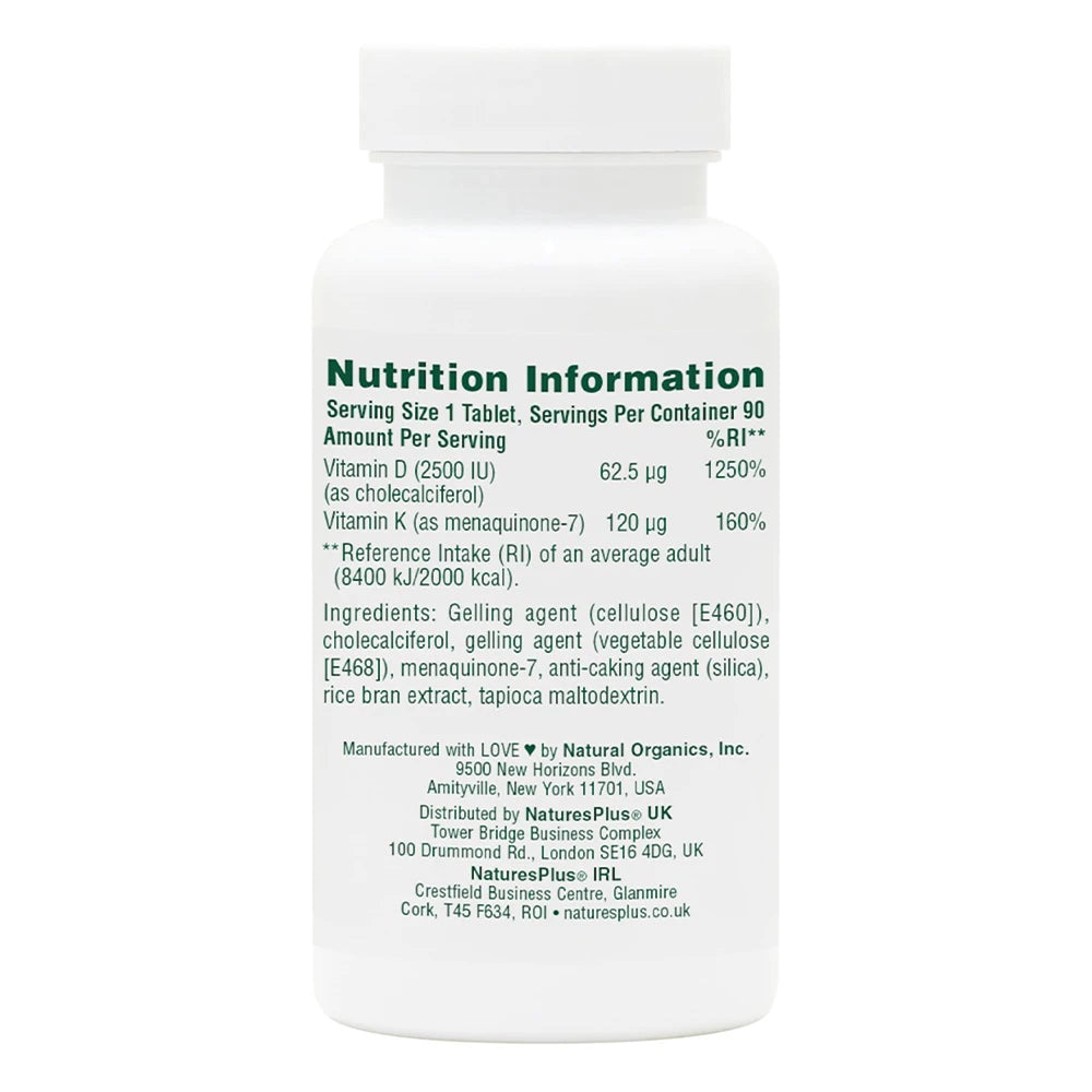 NaturesPlus D3 K2-90 tablets bottle back view with supplement facts.