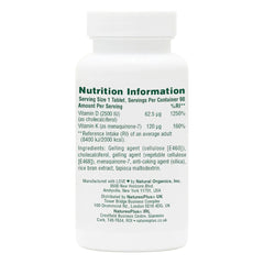 NaturesPlus D3 K2-90 tablets bottle back view with supplement facts.