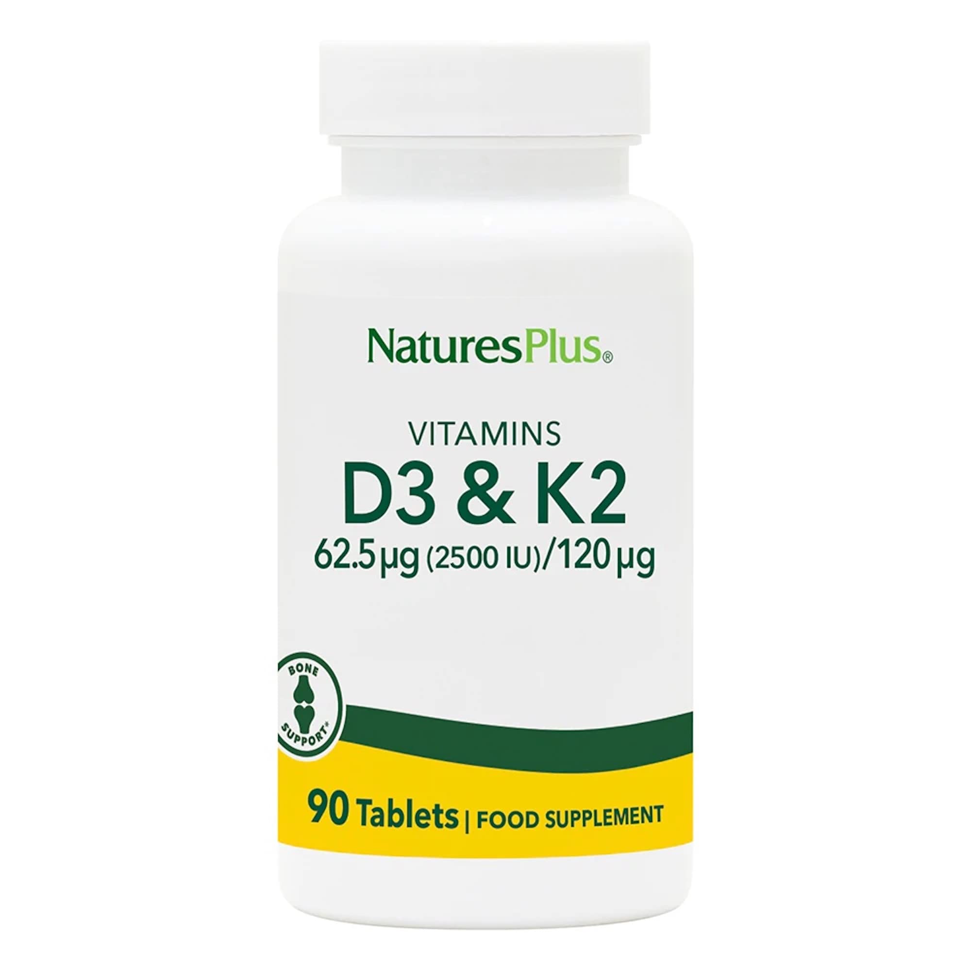 NaturesPlus D3 K2-90 tablets bottle front view supporting bone health.