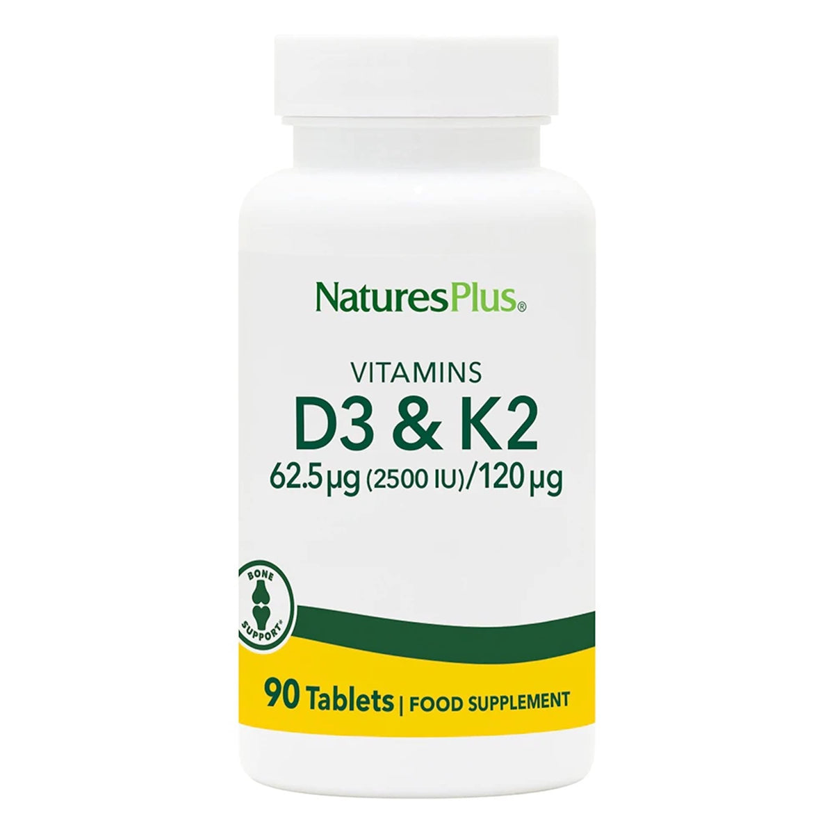 NaturesPlus D3 K2-90 tablets bottle front view supporting bone health.