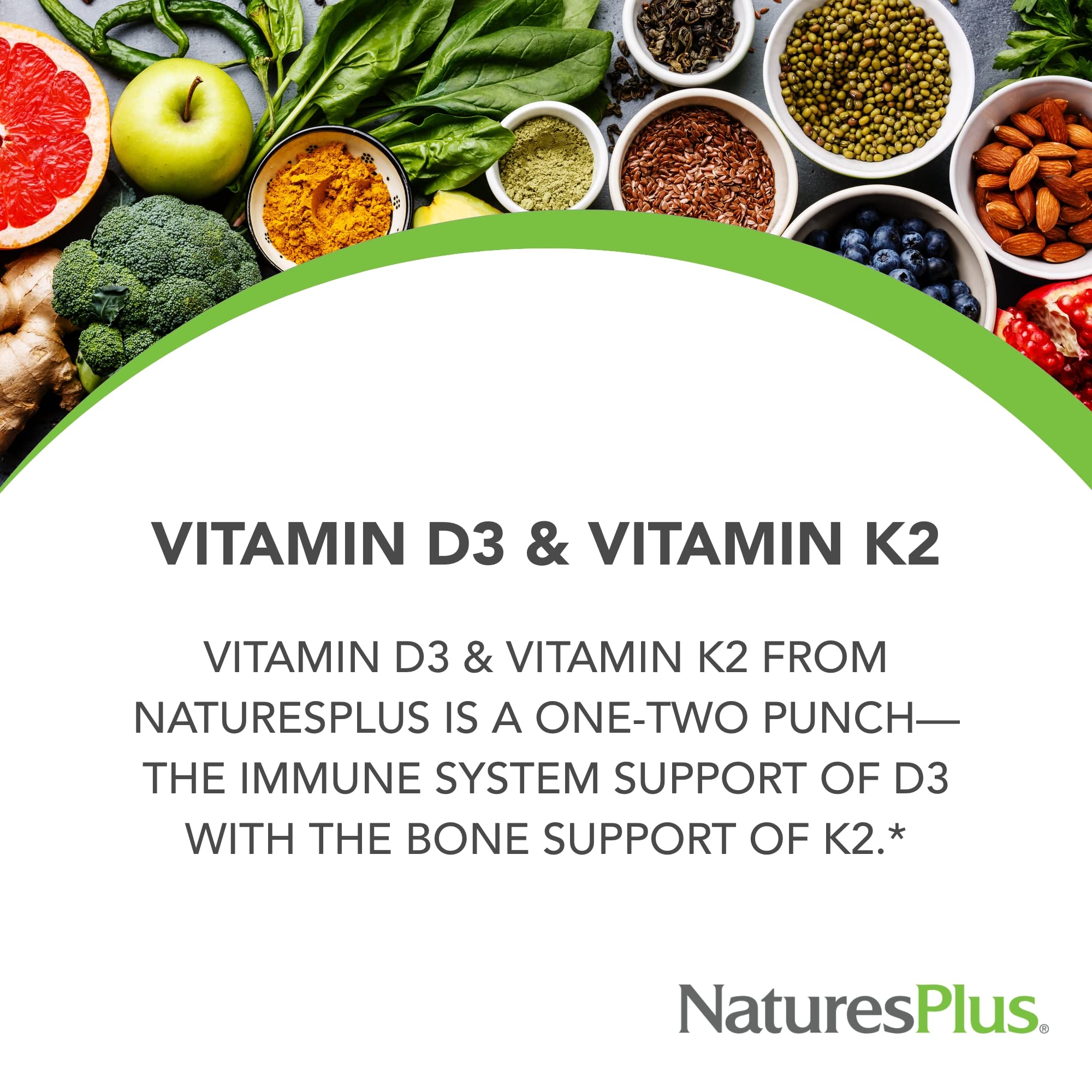 Closeup of NaturesPlus D3 K2 capsules for vegetarian friendly supplement.