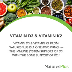 Closeup of NaturesPlus D3 K2 capsules for vegetarian friendly supplement.