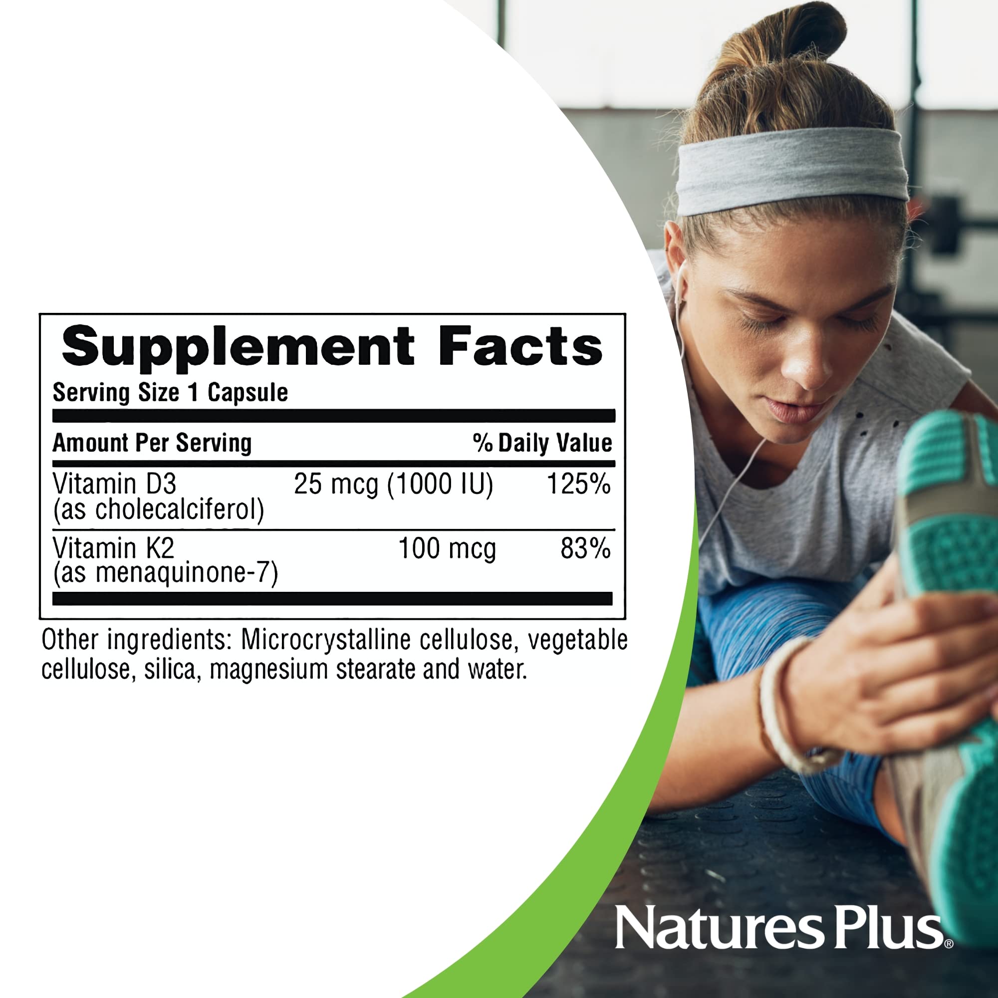 NaturesPlus gluten free symbol on D3 K2 bottle for sensitive diets.