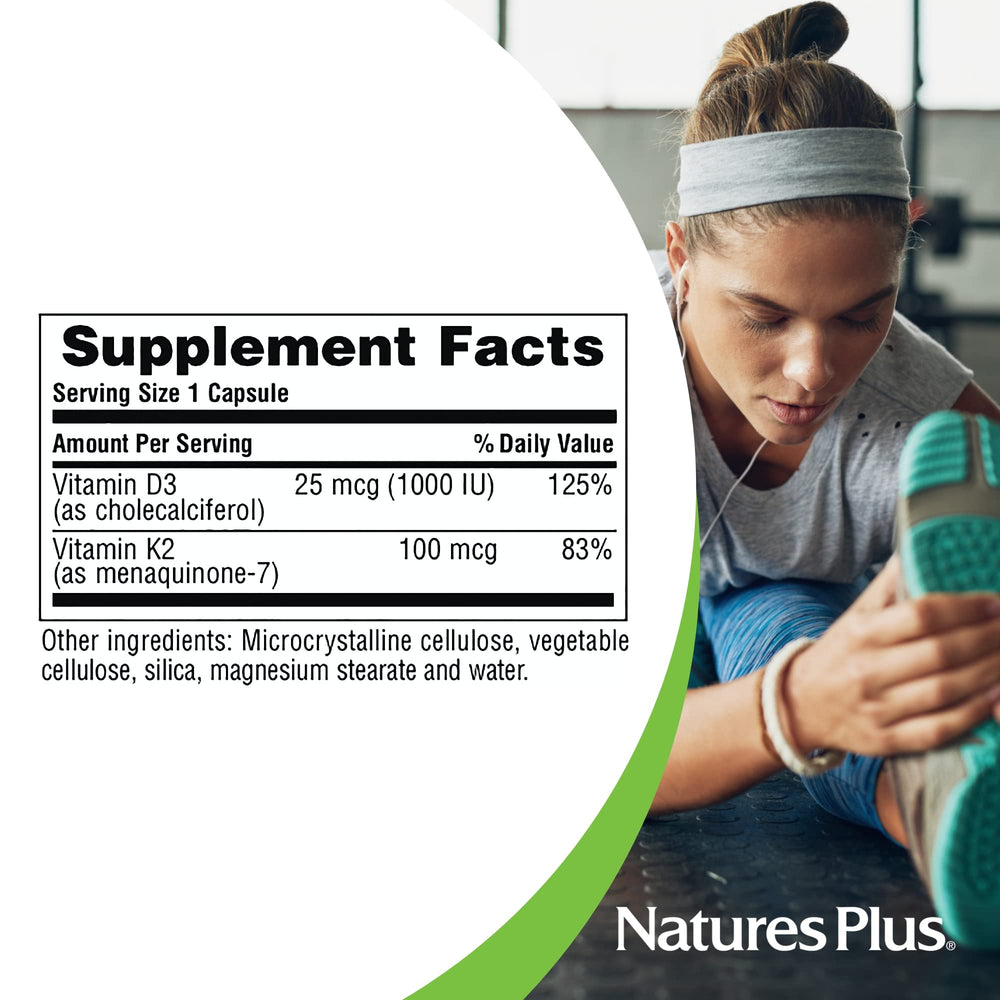 NaturesPlus gluten free symbol on D3 K2 bottle for sensitive diets.