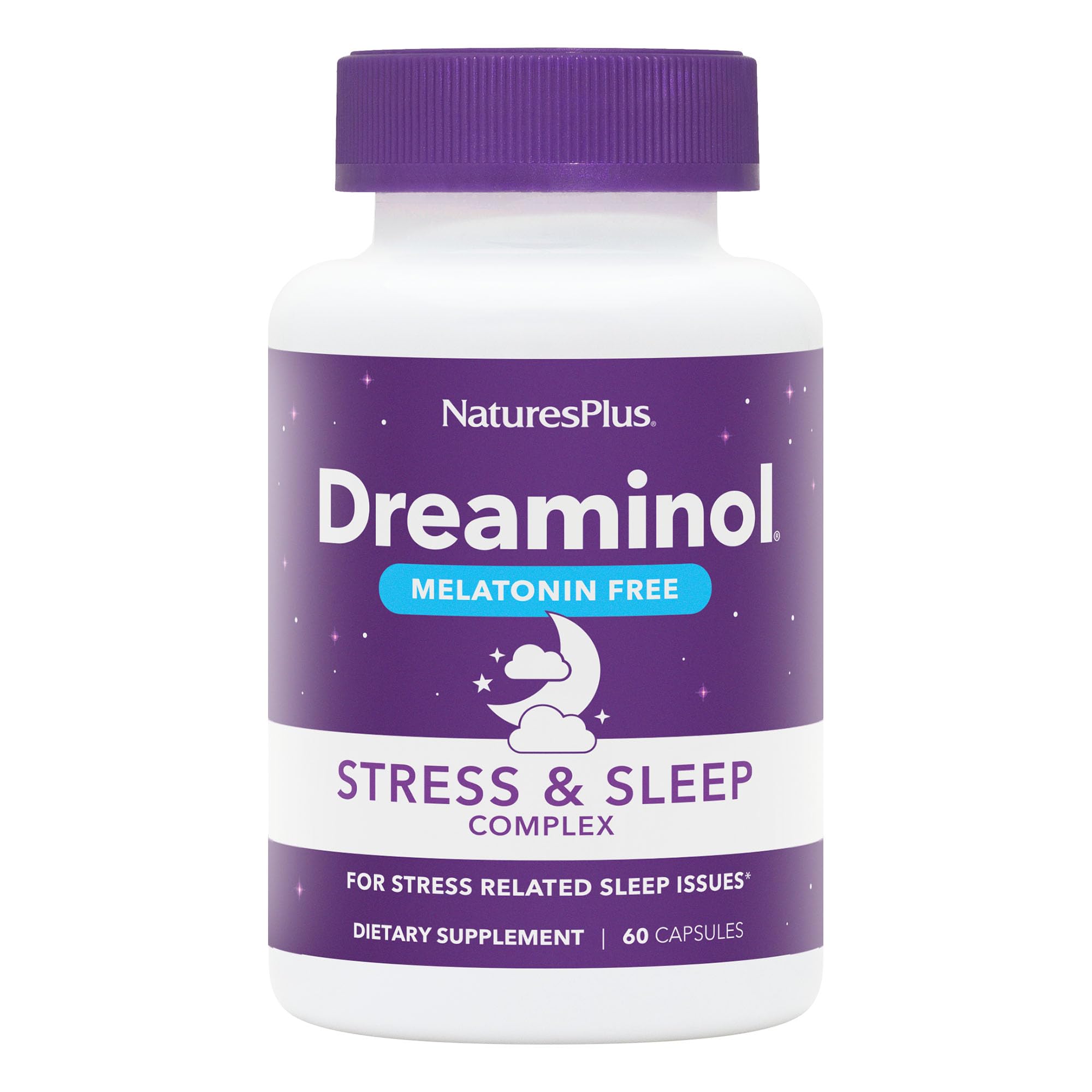 NaturesPlus DREAMINOL Stress and Sleep Complex bottle on a nightstand for a calming nightly routine