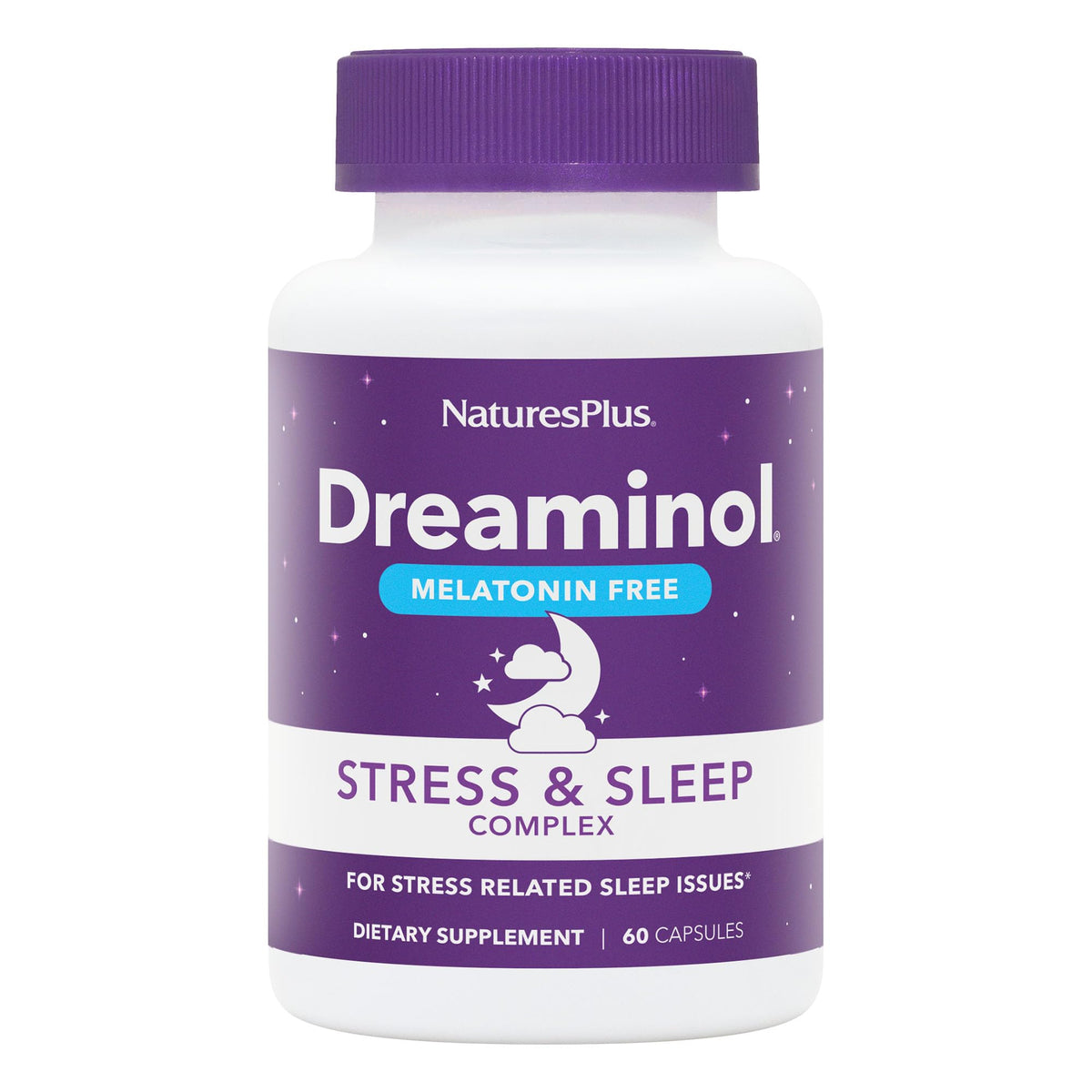 NaturesPlus DREAMINOL Stress and Sleep Complex bottle on a nightstand for a calming nightly routine