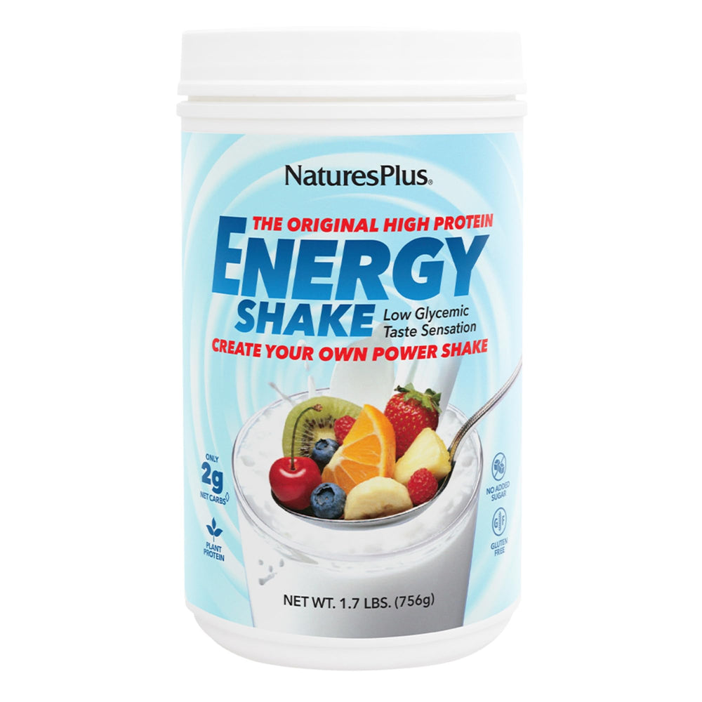 NaturesPlus Energy Shake bottle front showing 16 g plant-based protein per serving