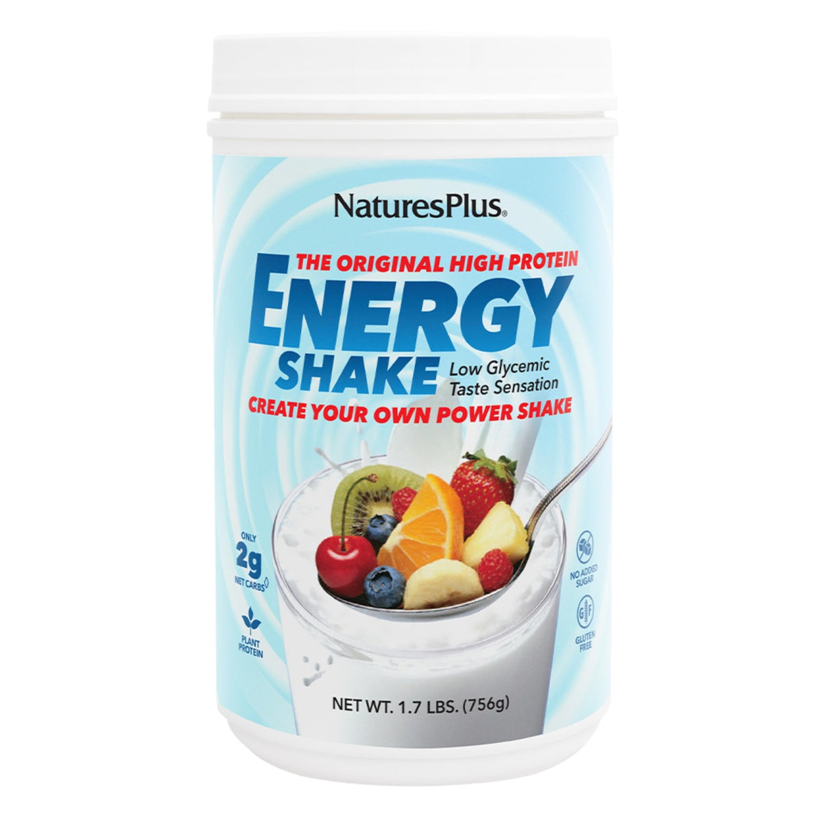 NaturesPlus Energy Shake bottle front showing 16 g plant-based protein per serving