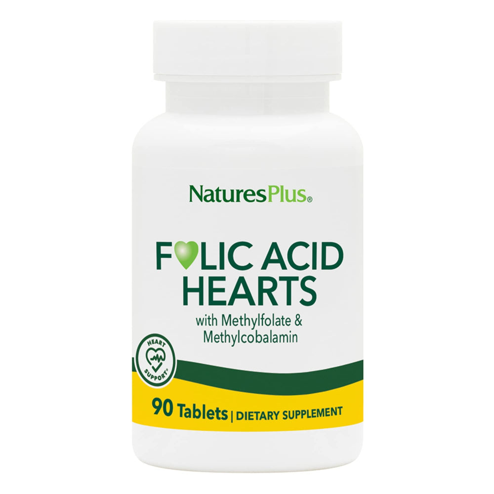 NaturesPlus Folic Acid Hearts bottle-front image showing a gluten-free vegetarian formula for daily wellness.
